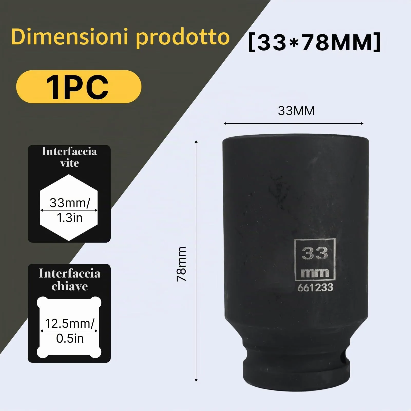Flewdart Bussola Lunga Esagonale 1/2" 33mm, Acciaio al Cromo Molibdeno (CR-MO), Lunghezza 78mm - immagine 2