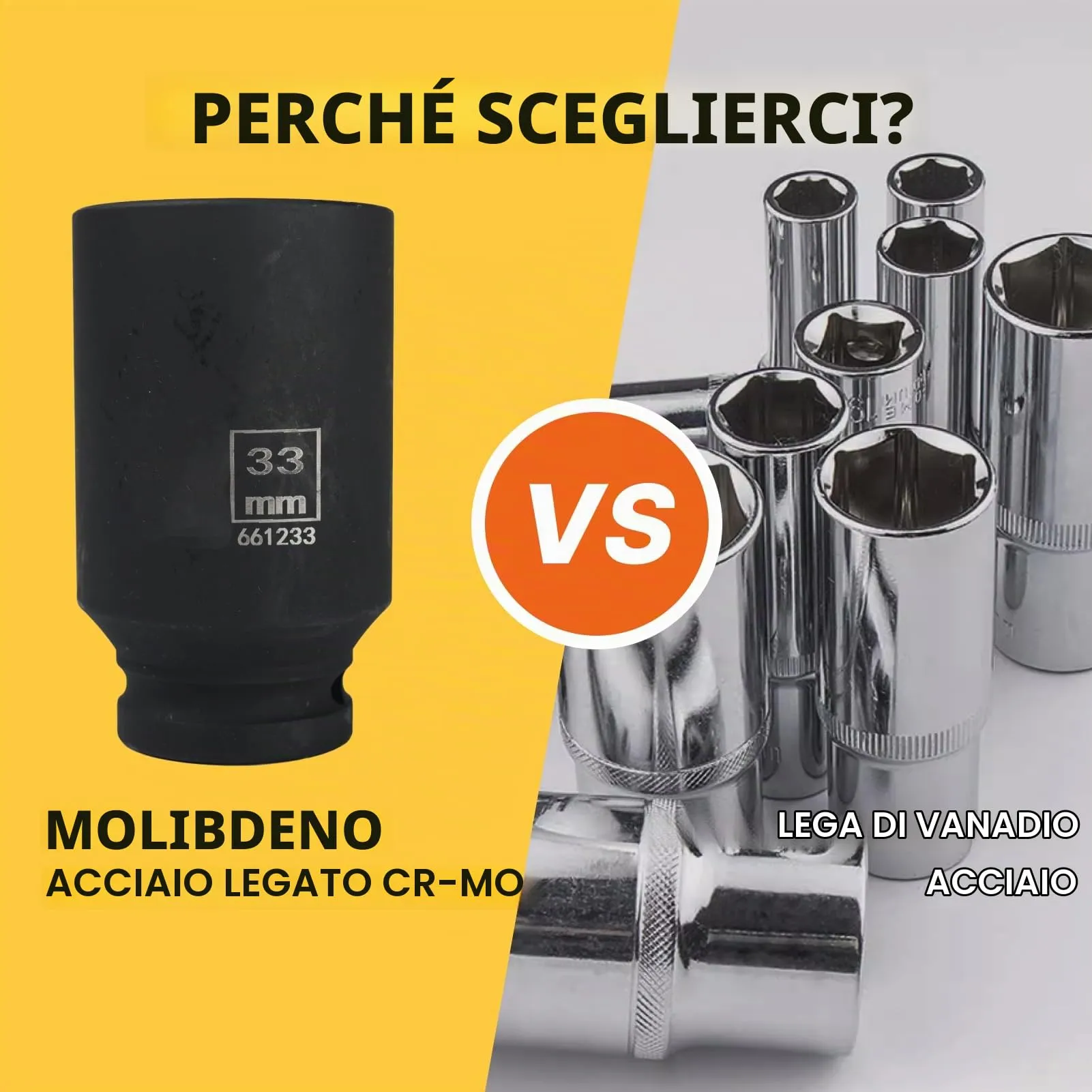 Flewdart Bussola Lunga Esagonale 1/2" 33mm, Acciaio al Cromo Molibdeno (CR-MO), Lunghezza 78mm - immagine 3