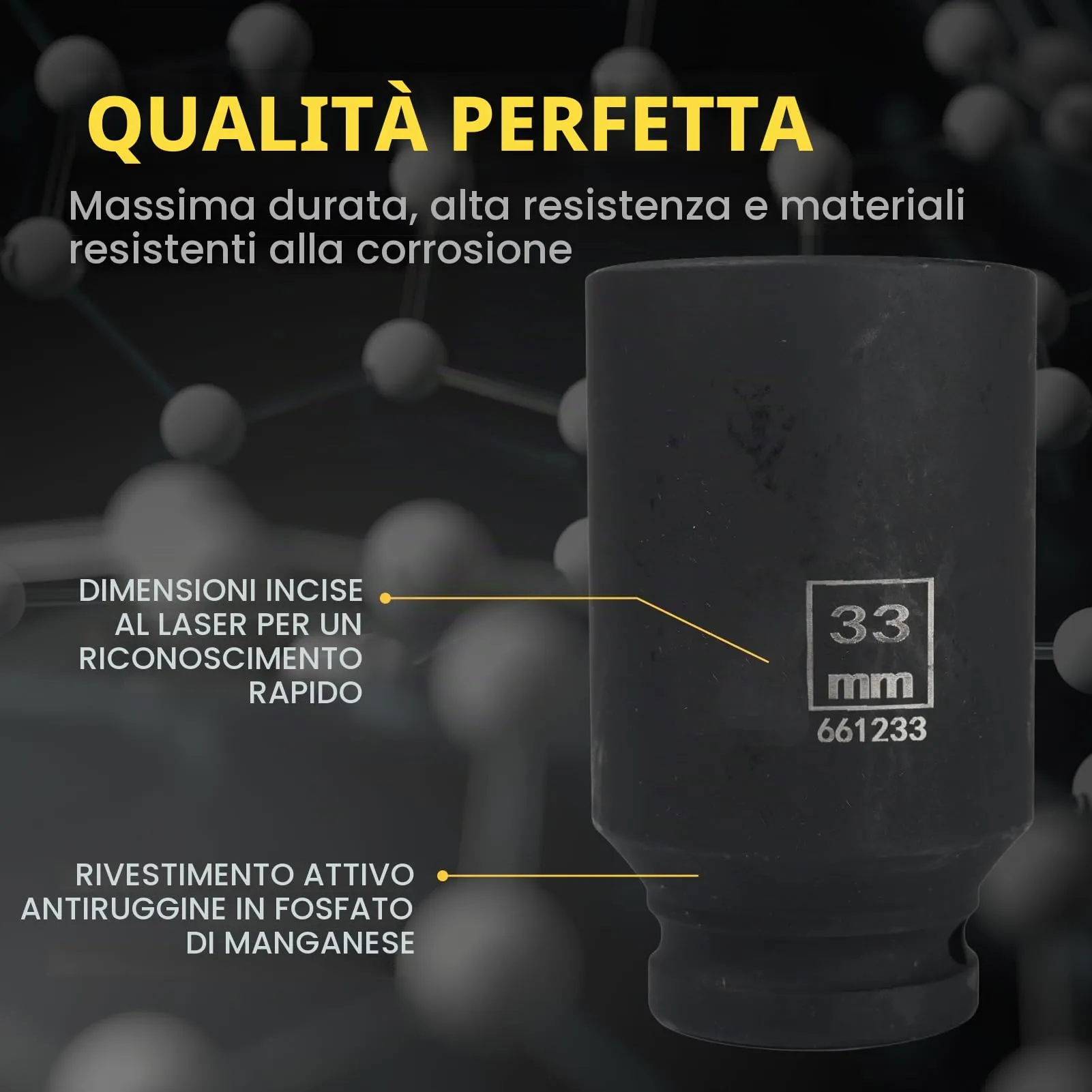Flewdart Bussola Lunga Esagonale 1/2" 33mm, Acciaio al Cromo Molibdeno (CR-MO), Lunghezza 78mm - immagine 5