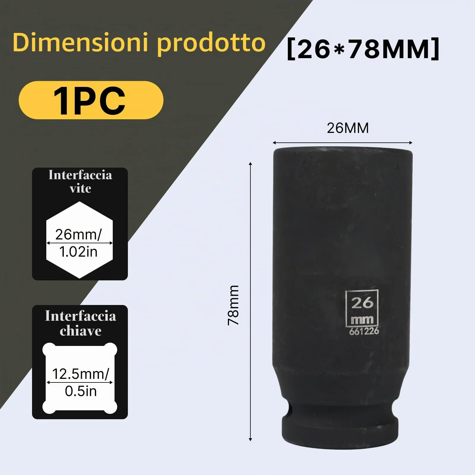 Flewdart Bussola Lunga Esagonale 1/2" 26mm, Acciaio al Cromo Molibdeno CR-MO, Lunghezza 78mm - immagine 2