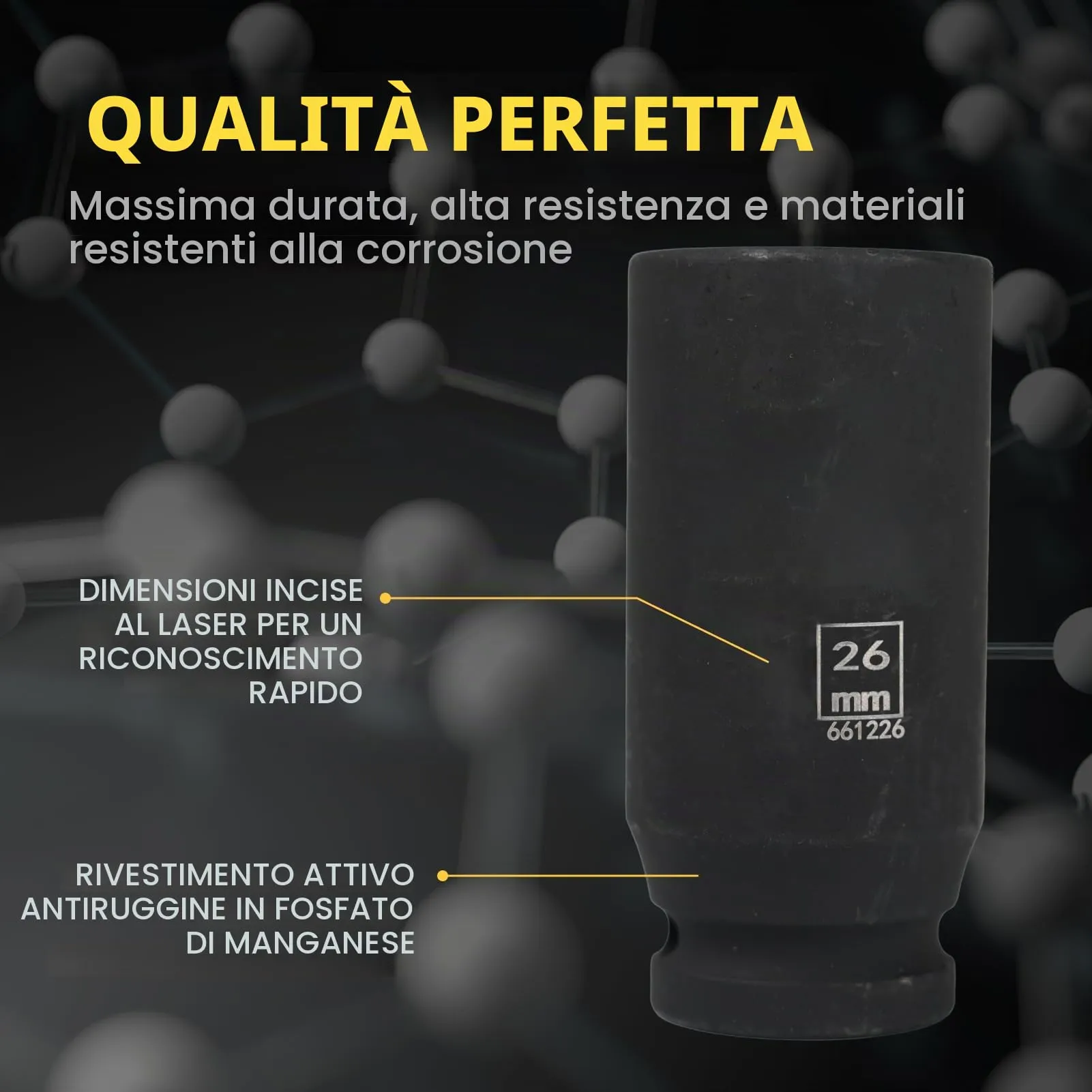Flewdart Bussola Lunga Esagonale 1/2" 26mm, Acciaio al Cromo Molibdeno CR-MO, Lunghezza 78mm - immagine 5