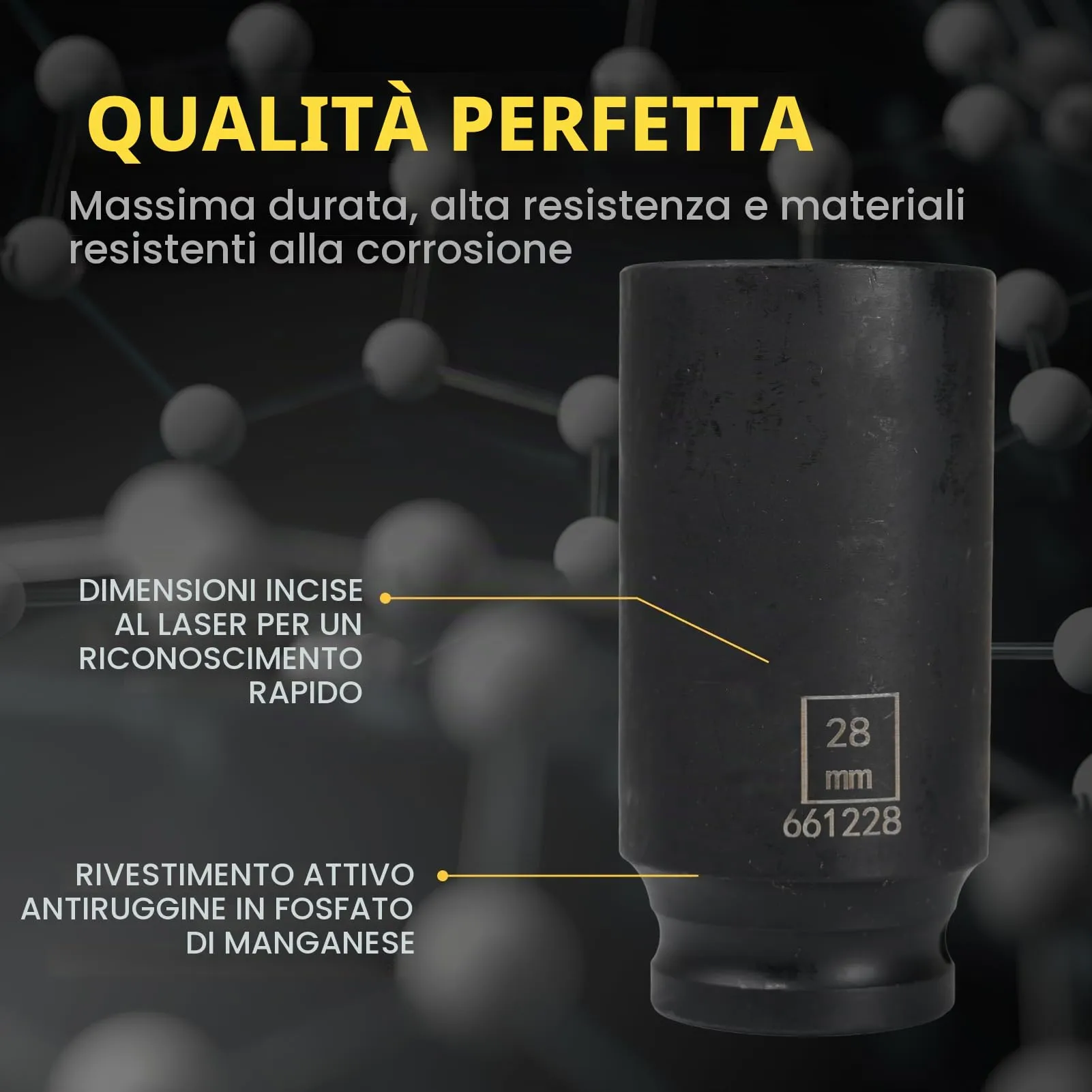 Flewdart Bussola Lunga Esagonale 1/2" 28mm in Acciaio al Cromo Molibdeno CR-MO, Lunghezza 78mm - immagine 5