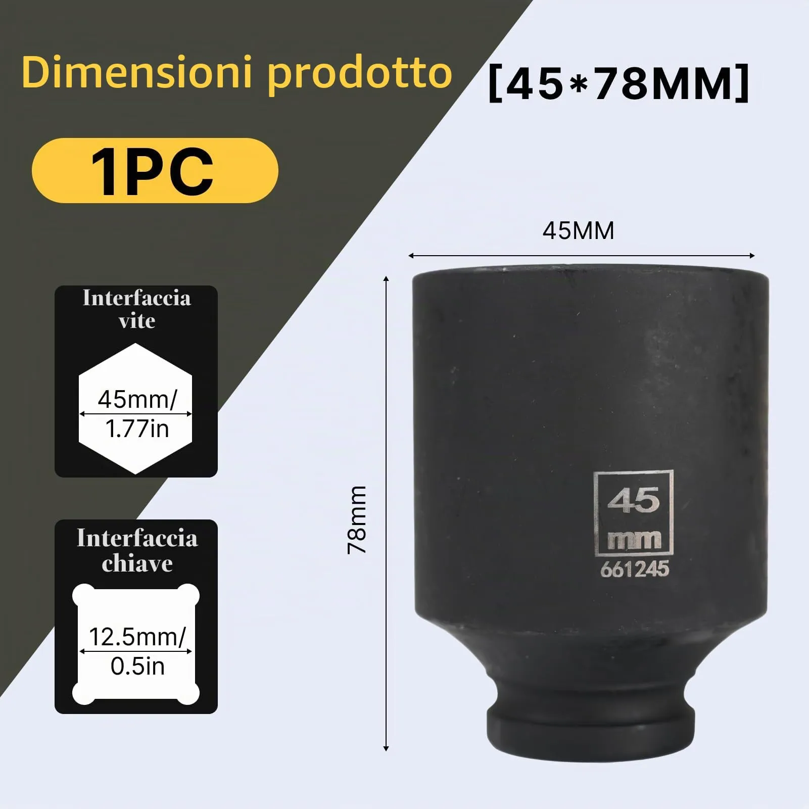 Flewdart Bussola Lunga Esagonale 1/2" 45mm in Acciaio al Cromo Molibdeno CR-MO (78mm) - immagine 2