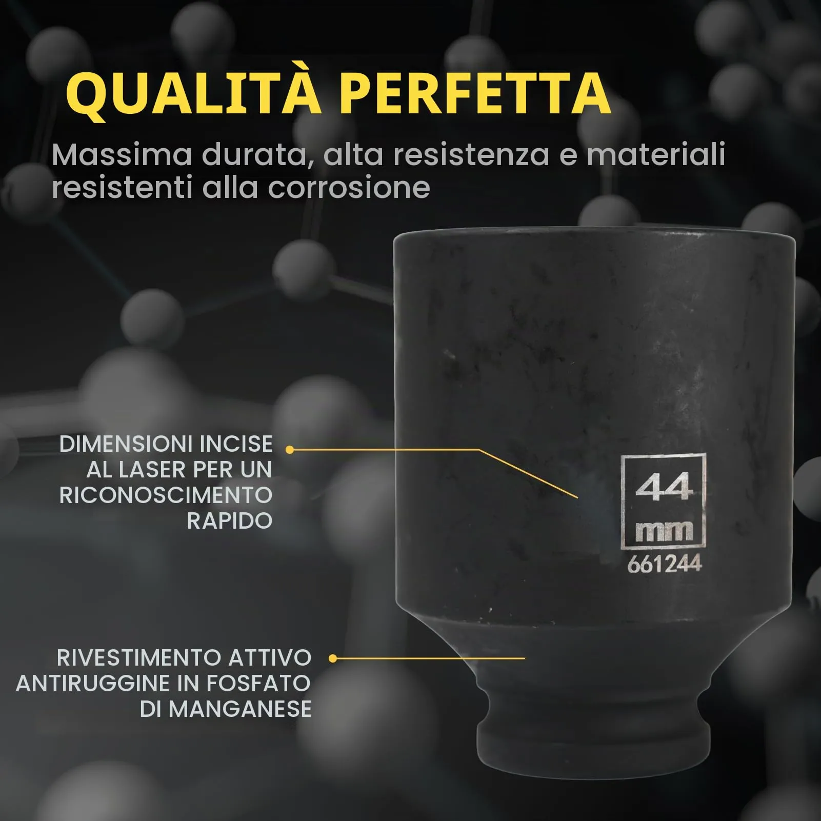 Flewdart Bussola Lunga Esagonale 1/2" 44mm, Acciaio al Cromo Molibdeno CR-MO, Lunghezza 78mm - immagine 5