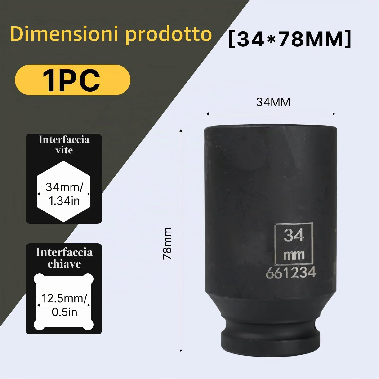 Flewdart Bussola Lunga Esagonale 1/2" 34mm, Acciaio al Cromo Molibdeno CR-MO, Lunghezza 78mm - immagine 2