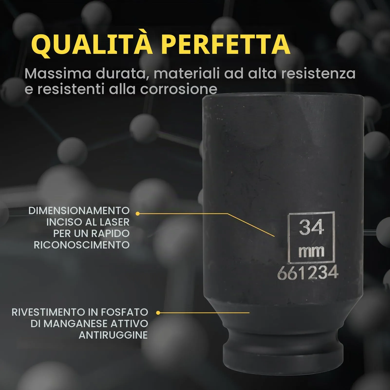 Flewdart Bussola Lunga Esagonale 1/2" 34mm, Acciaio al Cromo Molibdeno CR-MO, Lunghezza 78mm - immagine 5