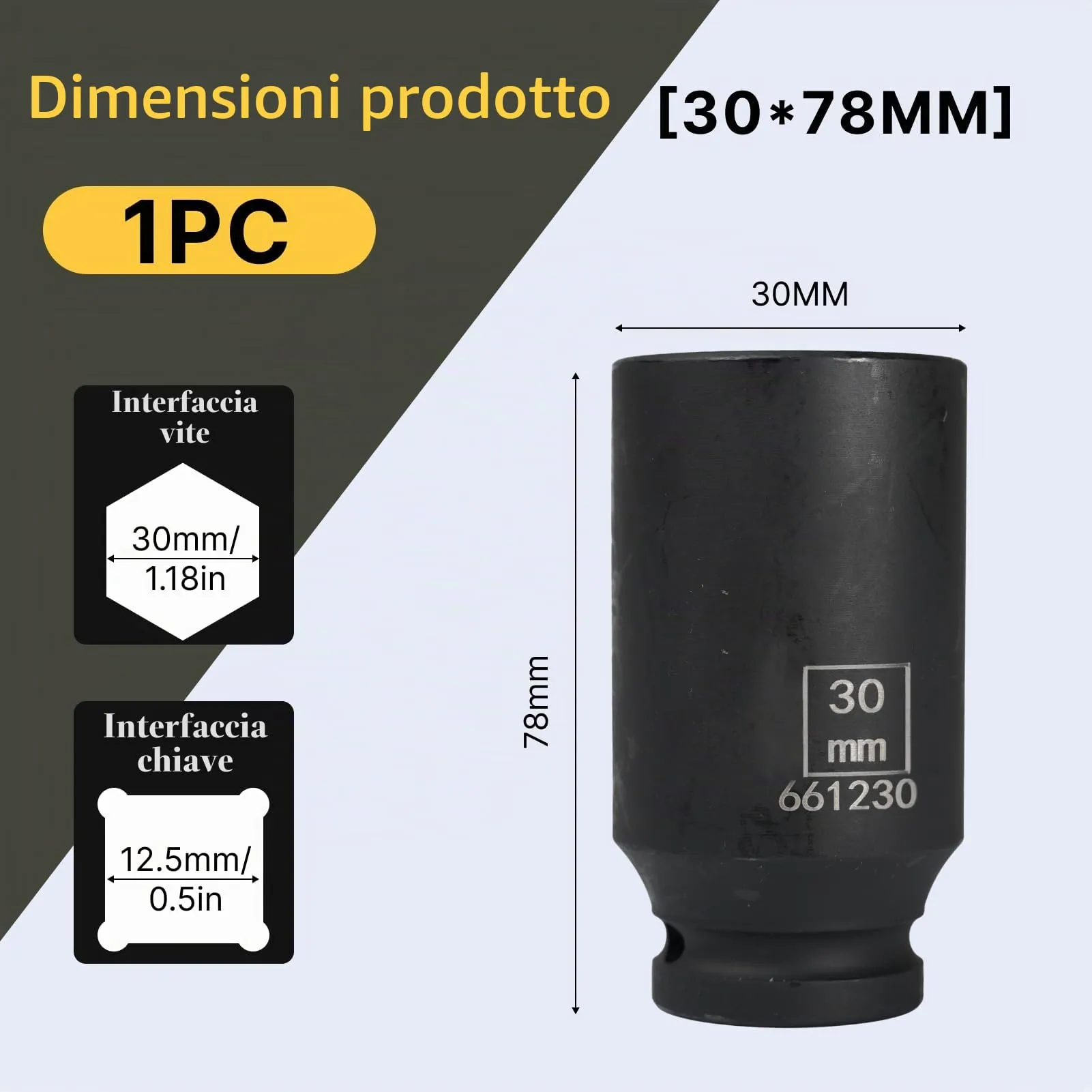 Flewdart Bussola Lunga Esagonale 1/2" 30mm, Acciaio al Cromo Molibdeno CR-MO, Lunghezza 78mm - immagine 2