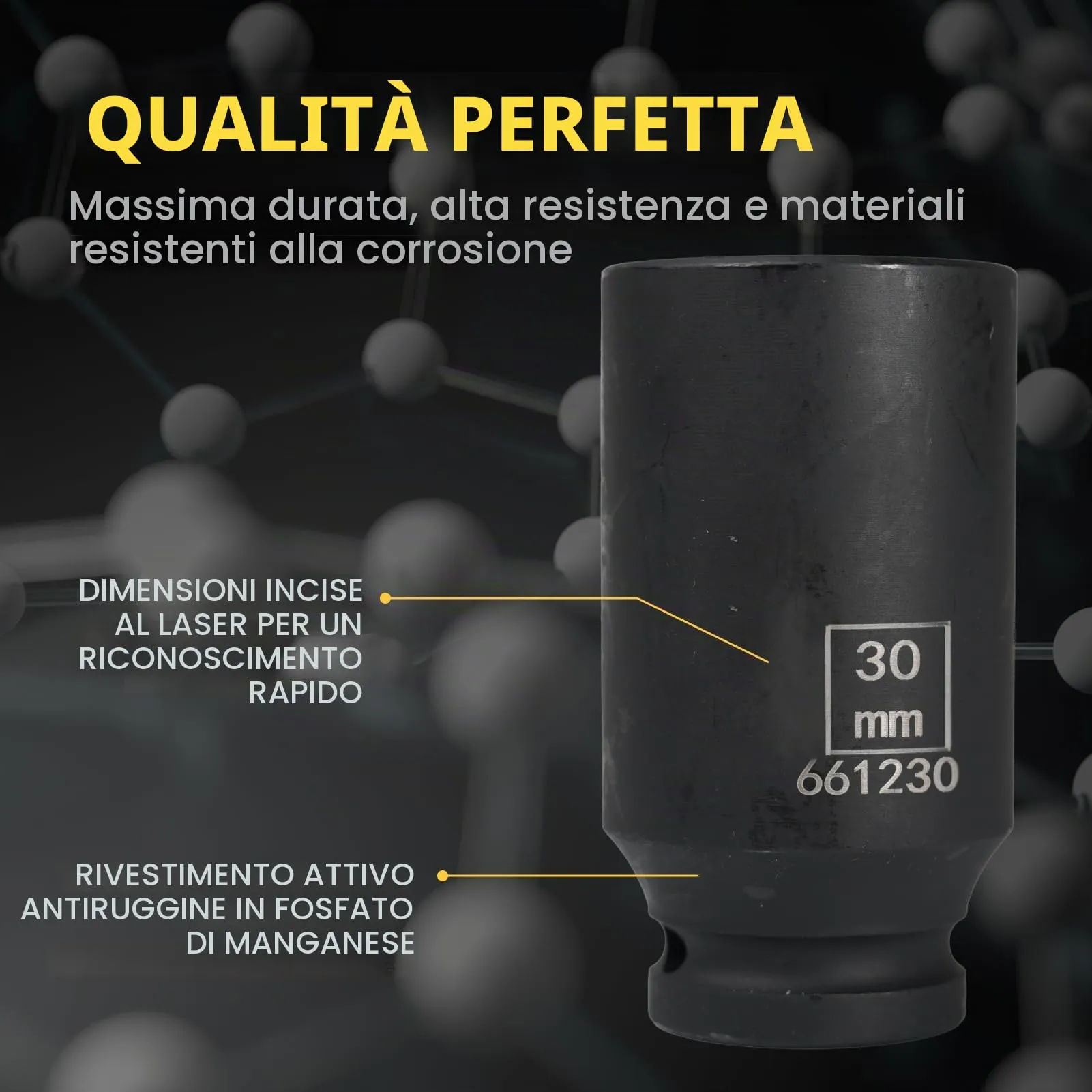 Flewdart Bussola Lunga Esagonale 1/2" 30mm, Acciaio al Cromo Molibdeno CR-MO, Lunghezza 78mm - immagine 5