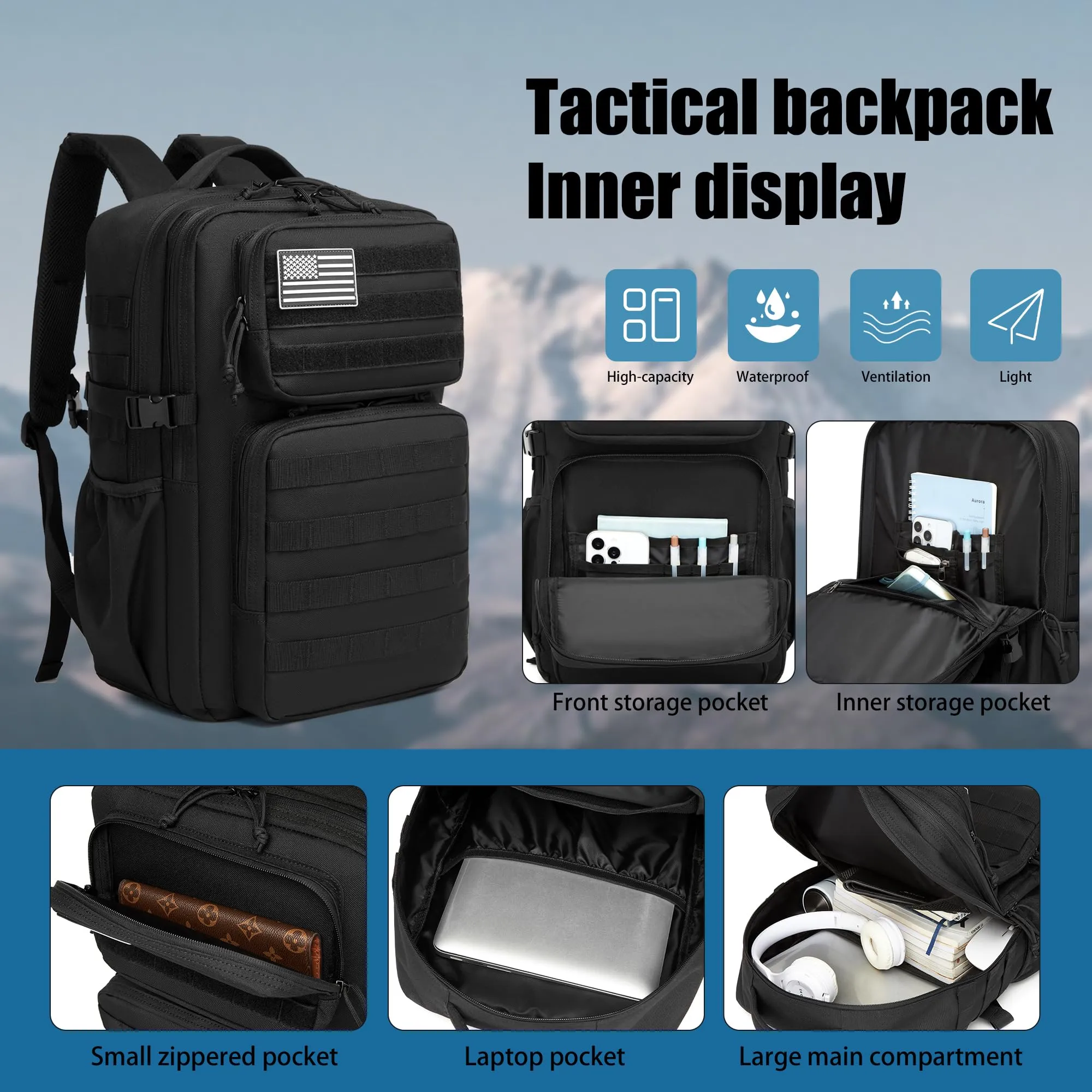 Wotony Zaino Tattico Militare Impermeabile 35L con Sistema Molle e Porta Bottiglie - immagine 5