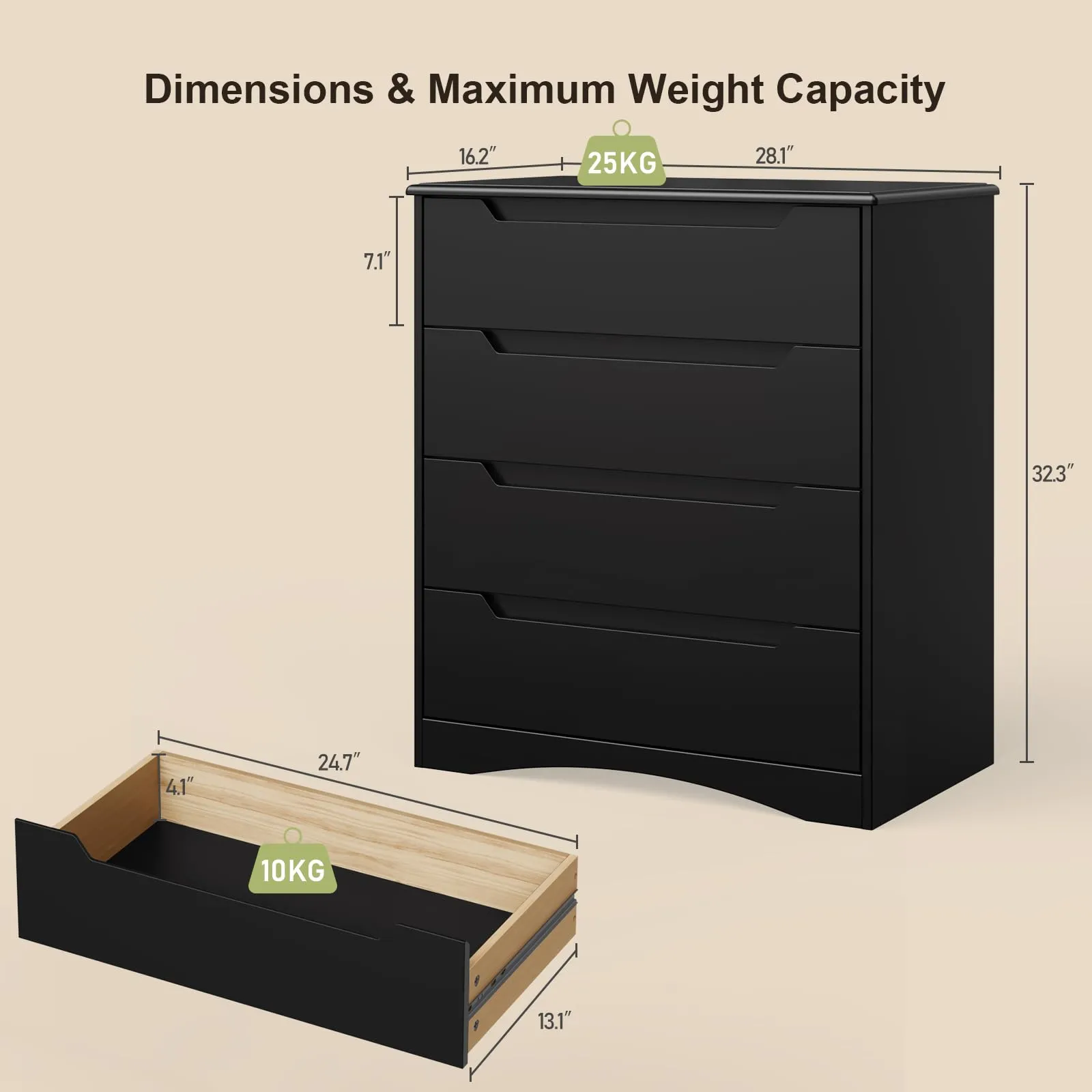 Bealife Cassettiera 4 Cassetti, Mobile Contenitore Moderno, Legno, 82x41x71 cm, Nero - immagine 2