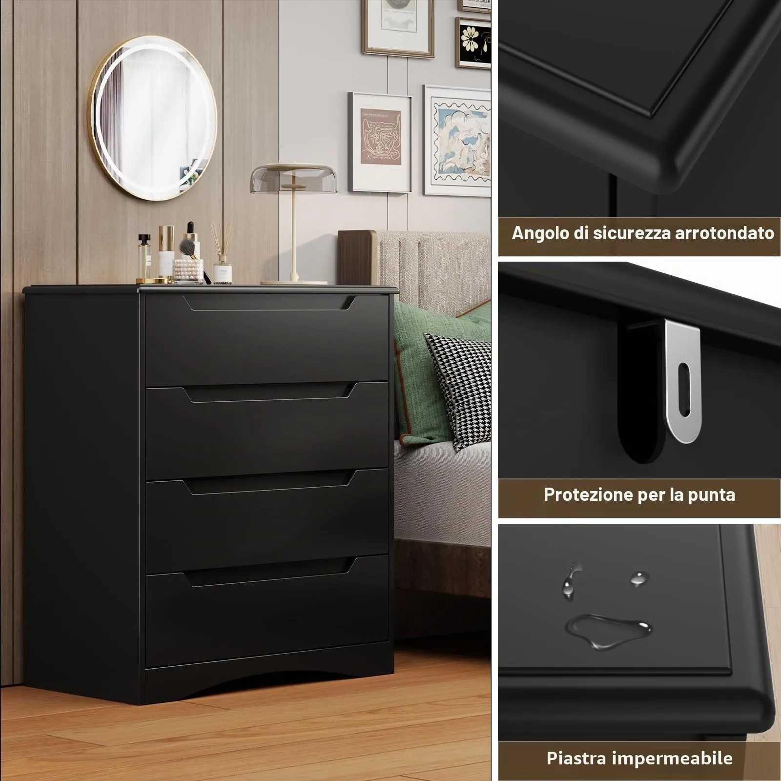 Bealife Cassettiera 4 Cassetti, Mobile Contenitore Moderno, Legno, 82x41x71 cm, Nero - immagine 4