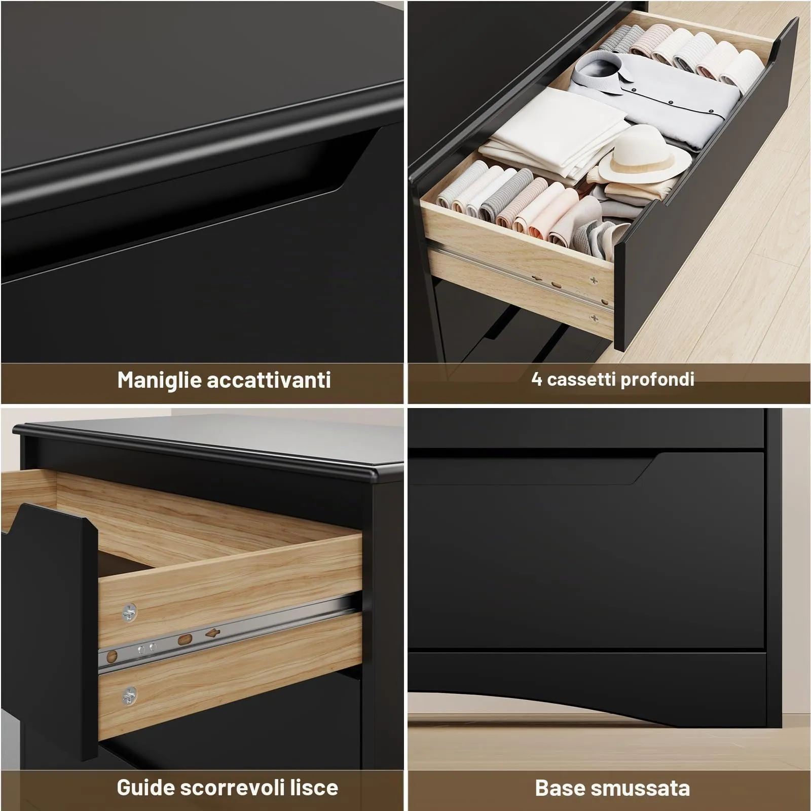Bealife Cassettiera 4 Cassetti, Mobile Contenitore Moderno, Legno, 82x41x71 cm, Nero - immagine 5