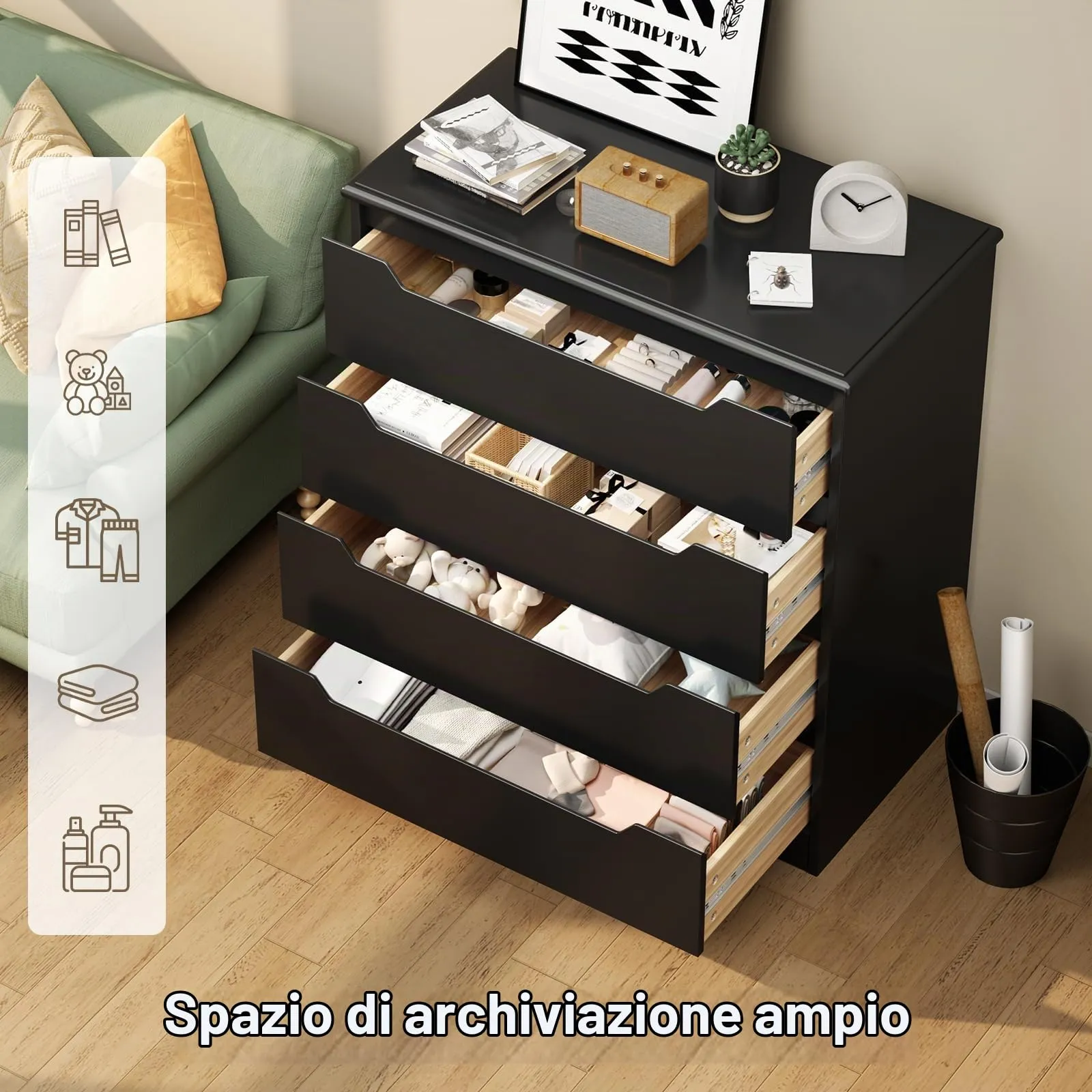 Bealife Cassettiera 4 Cassetti, Mobile Contenitore Moderno, Legno, 82x41x71 cm, Nero - immagine 6