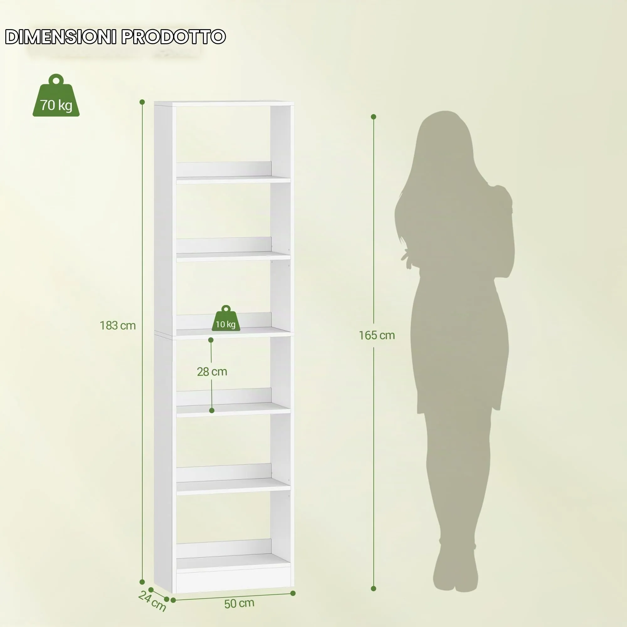 Hzuaneri Libreria a 6 Ripiani, 24 x 50 x 184,4 cm, Bianco - immagine 2