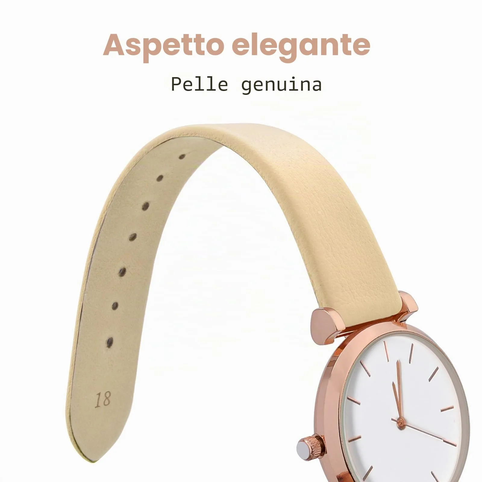 WOCCI Cinturino per Orologio 18mm in Pelle con Fibbia Oro - Crema - immagine 3