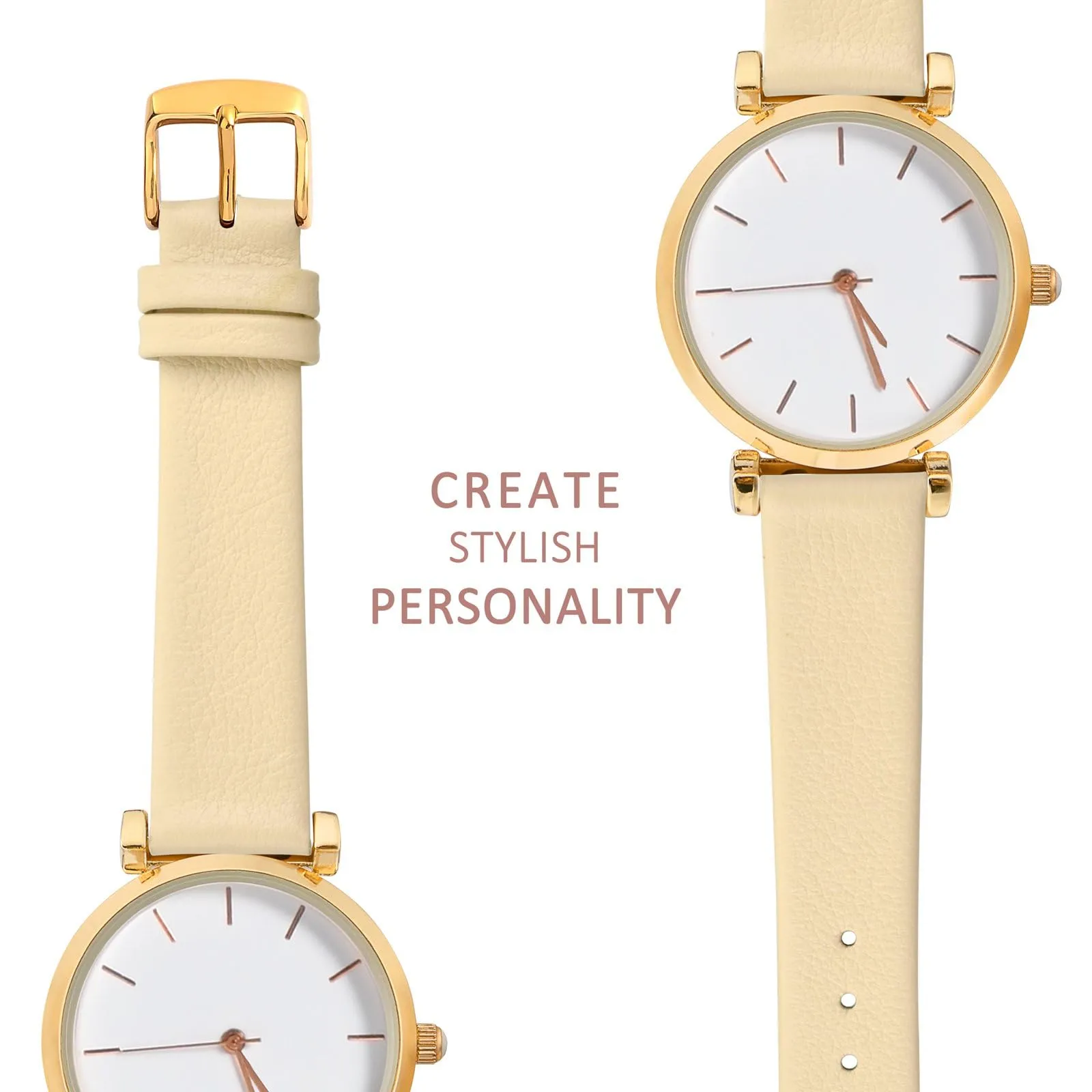 WOCCI Cinturino per Orologio in Pelle 20mm - Crema con Fibbia Oro - immagine 8