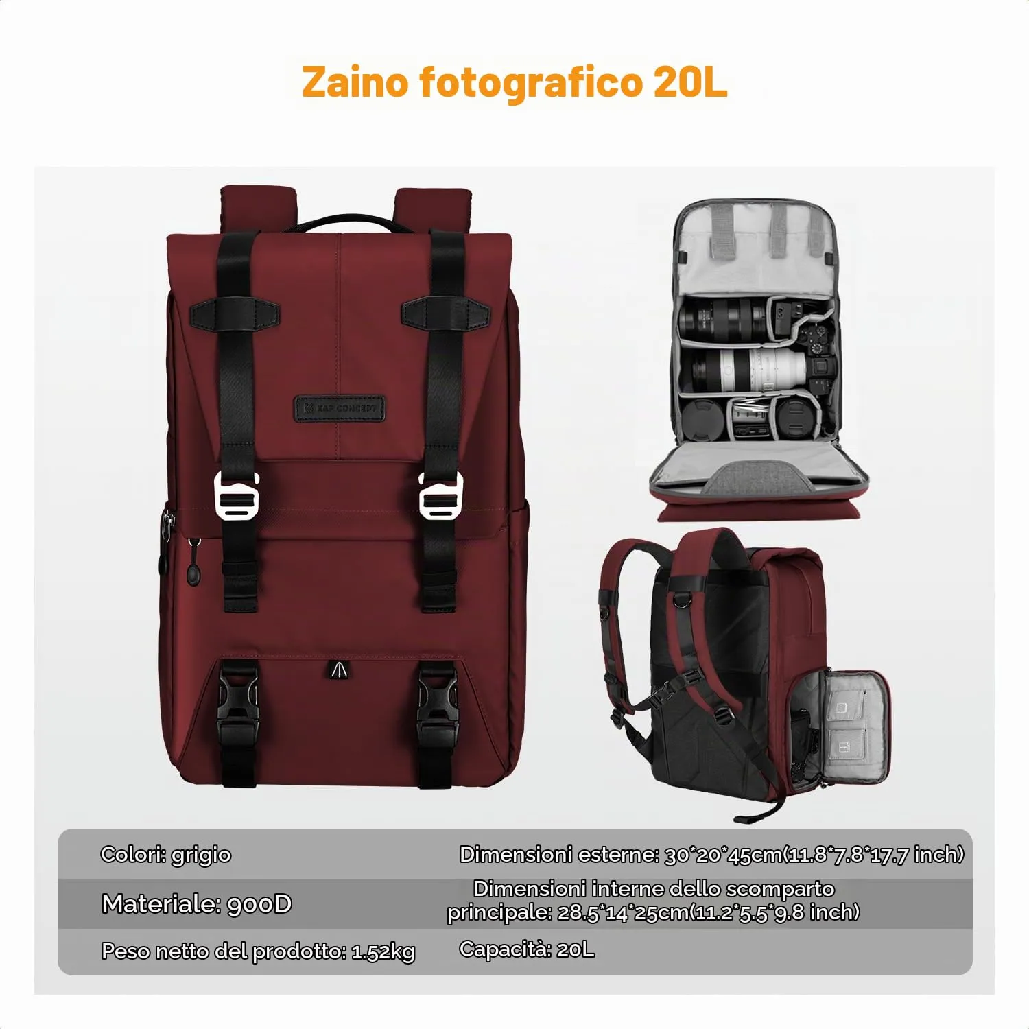 K&F Concept Zaino Fotografico Professionale Impermeabile Antifurto 20L Bordeaux KF13.087AV13 - immagine 7