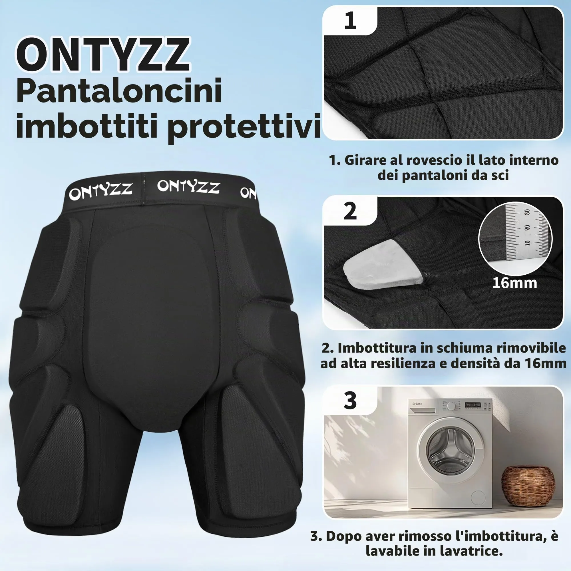 ONTYZZ Pantaloni Protettivi Imbottiti per Anca, Sedere e Coccige per Skateboard, Sci e Snowboard - immagine 4