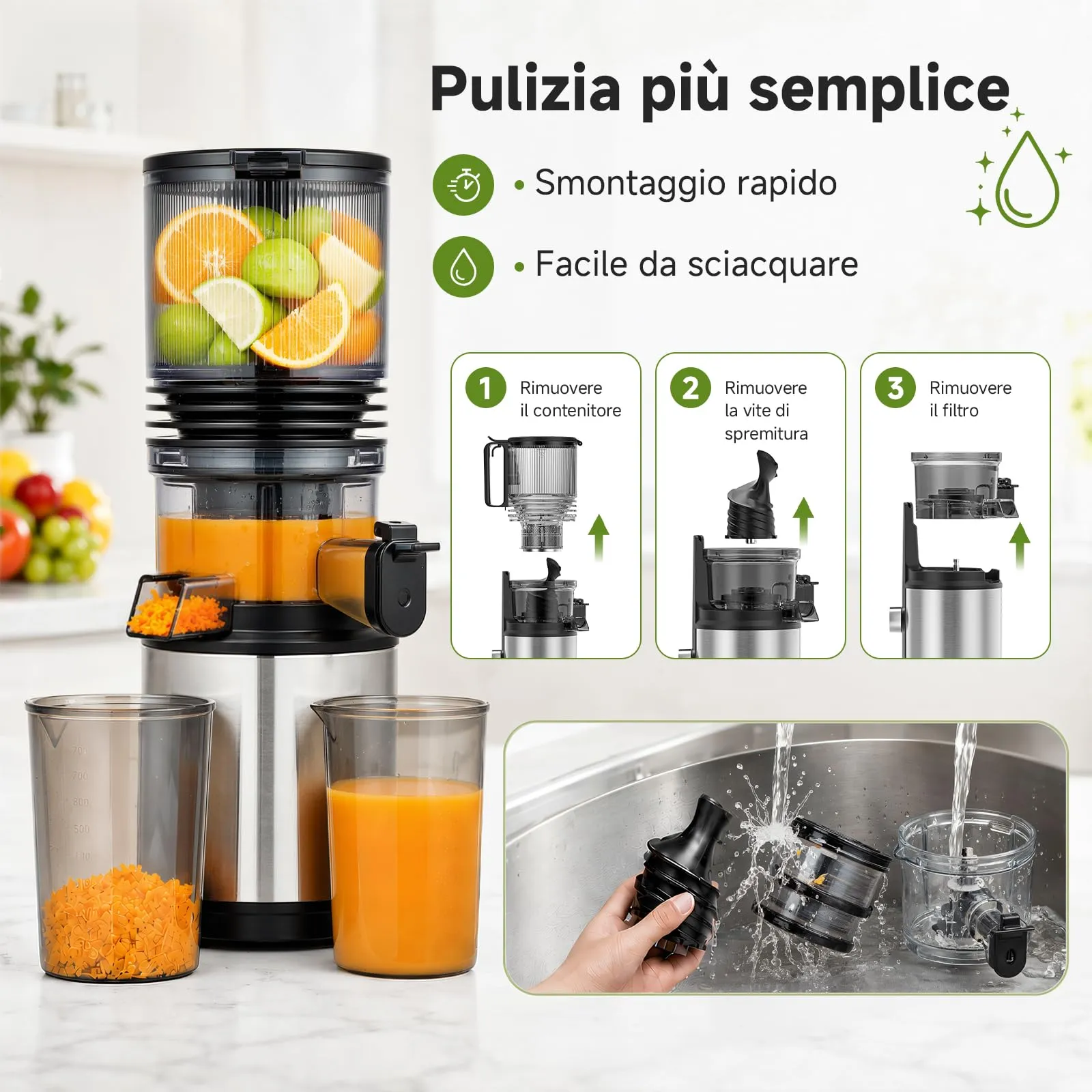 AMZCHEF Estrattore di Succo a Freddo con Bocca XXL 158 mm, 45 dB, Argento Lucido - immagine 3