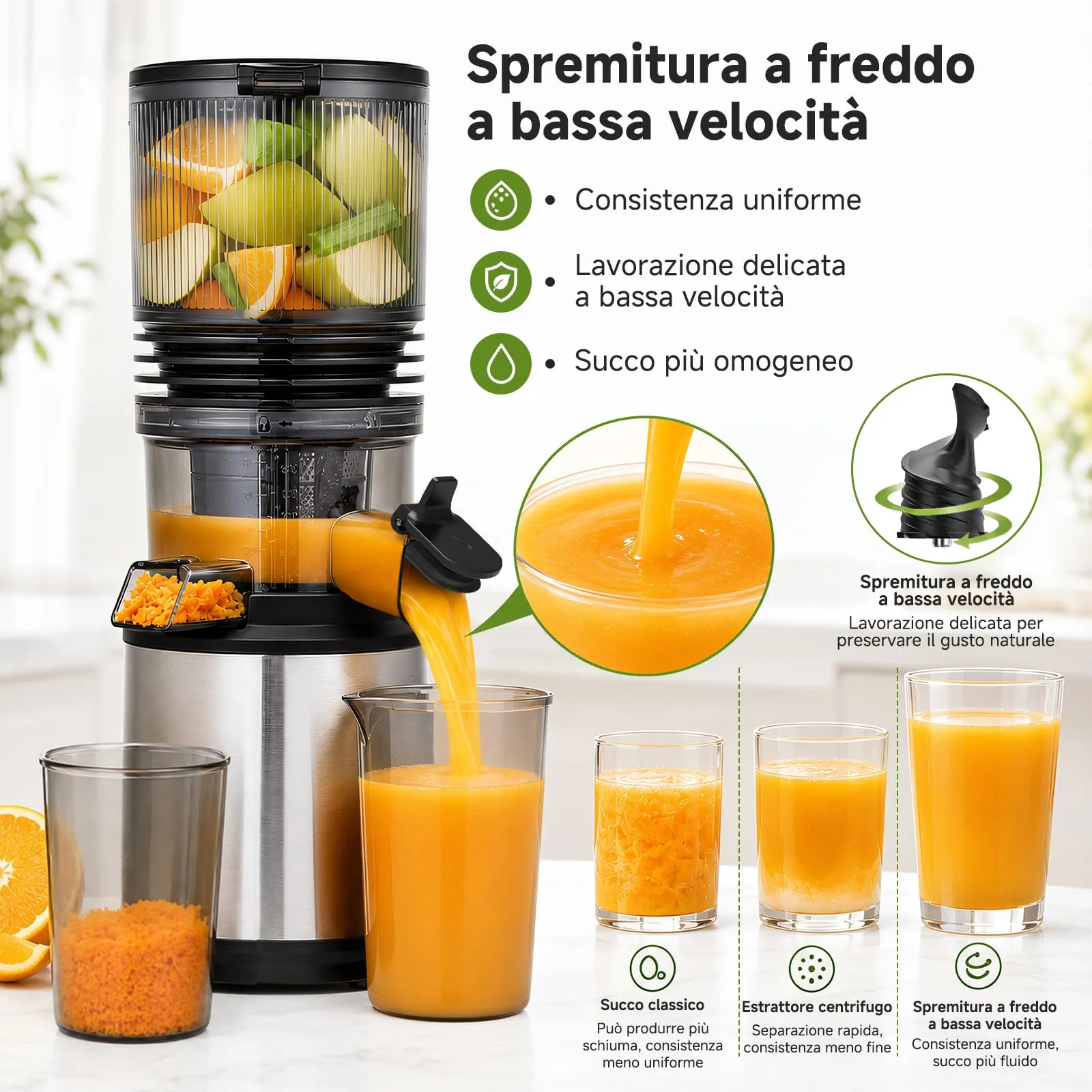 AMZCHEF Estrattore di Succo a Freddo con Bocca XXL 158 mm, 45 dB, Argento Lucido - immagine 4