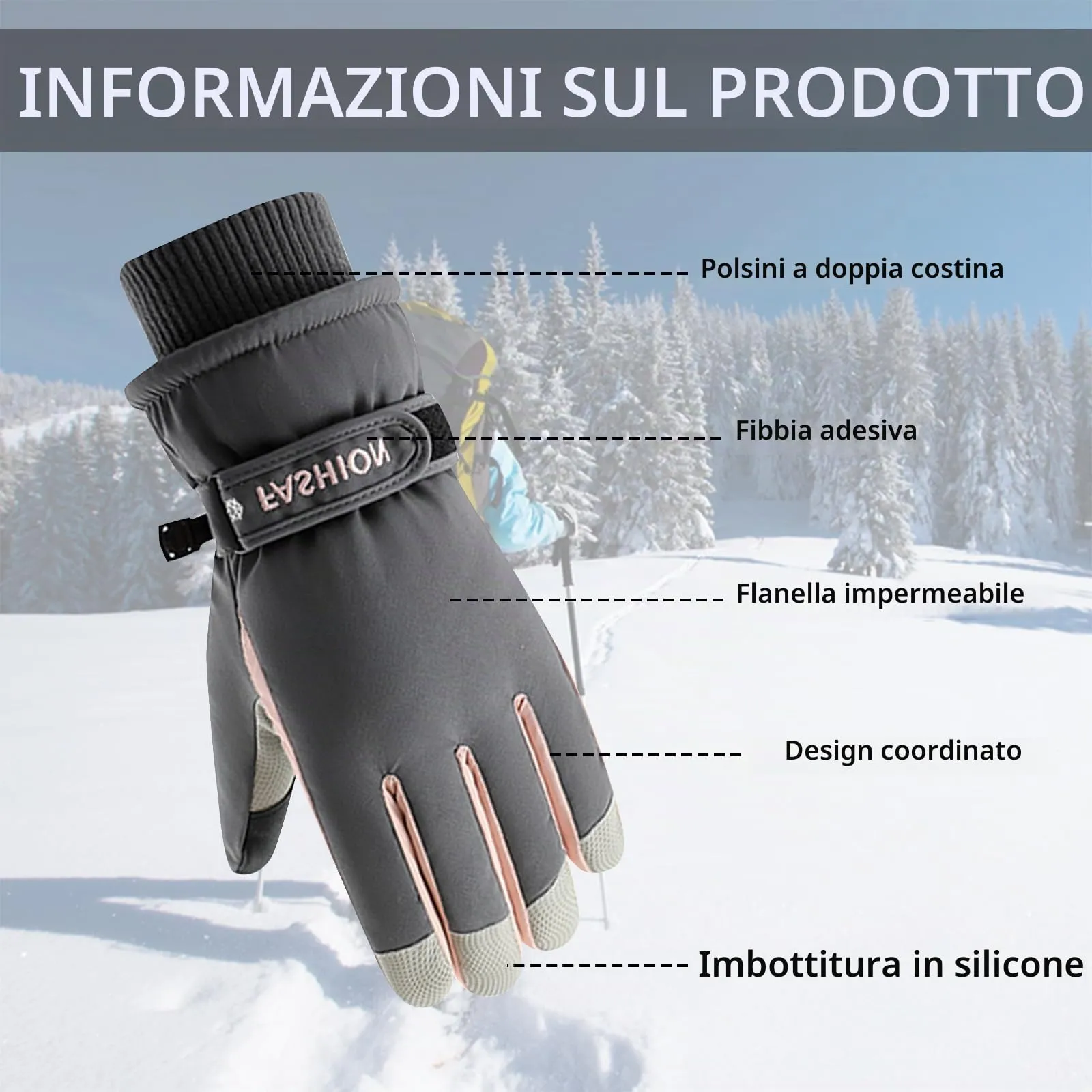Andiker Guanti da Sci per Donna, Impermeabili con Touchscreen e Antiscivolo, Grigio, Taglia Unica - immagine 4