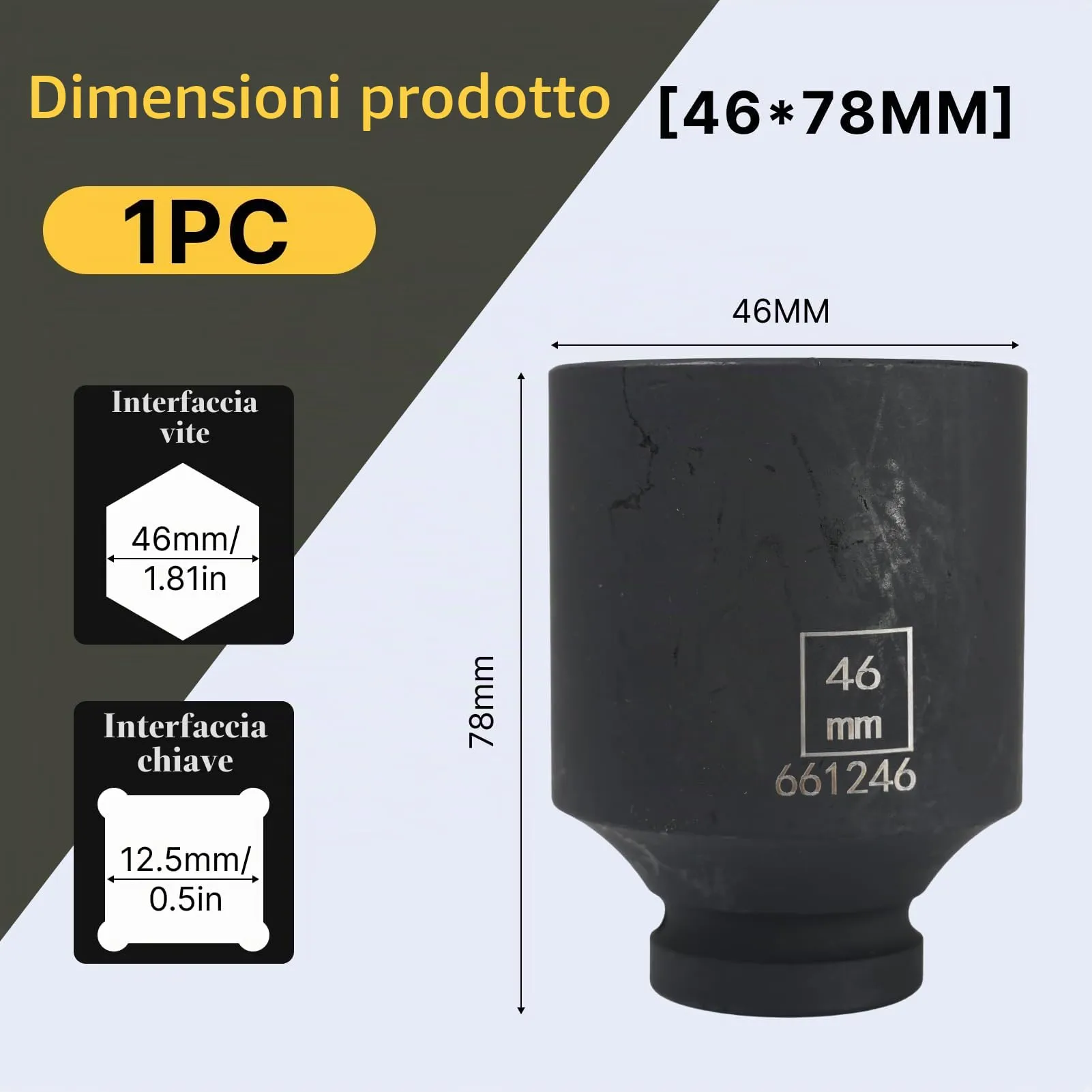 Flewdart Bussola Lunga Esagonale 1/2" 46mm, Acciaio al Cromo Molibdeno CR-MO, Lunghezza 78mm - immagine 2