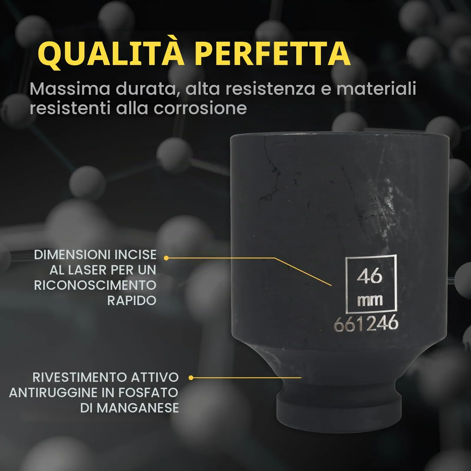 Flewdart Bussola Lunga Esagonale 1/2" 46mm, Acciaio al Cromo Molibdeno CR-MO, Lunghezza 78mm - immagine 5