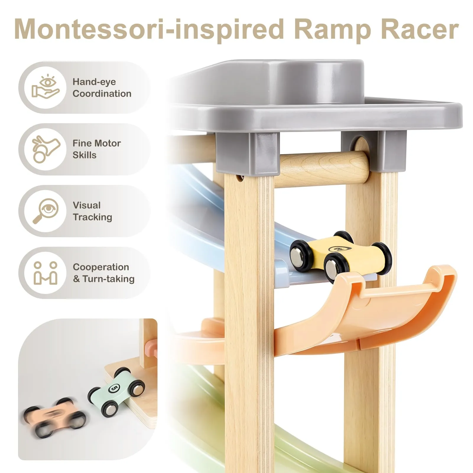 Joyreal Piste Macchinine Montessori in Legno con 8 Mini Auto e Garage per Bambini 1-2 Anni - immagine 5