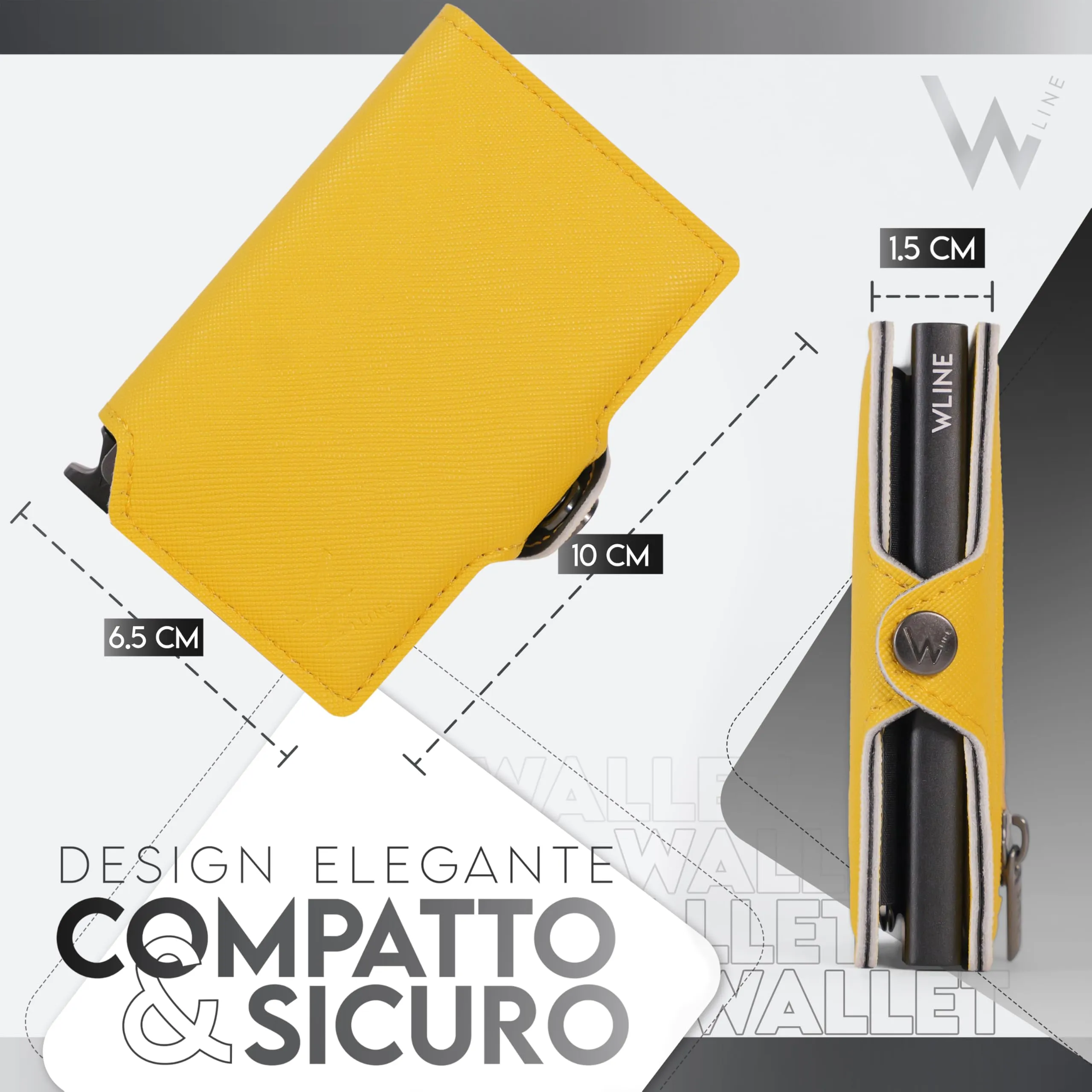 WLine Portafoglio Slim RFID con Zip, Pelle PU, Giallo e Nero Saffiano - immagine 2