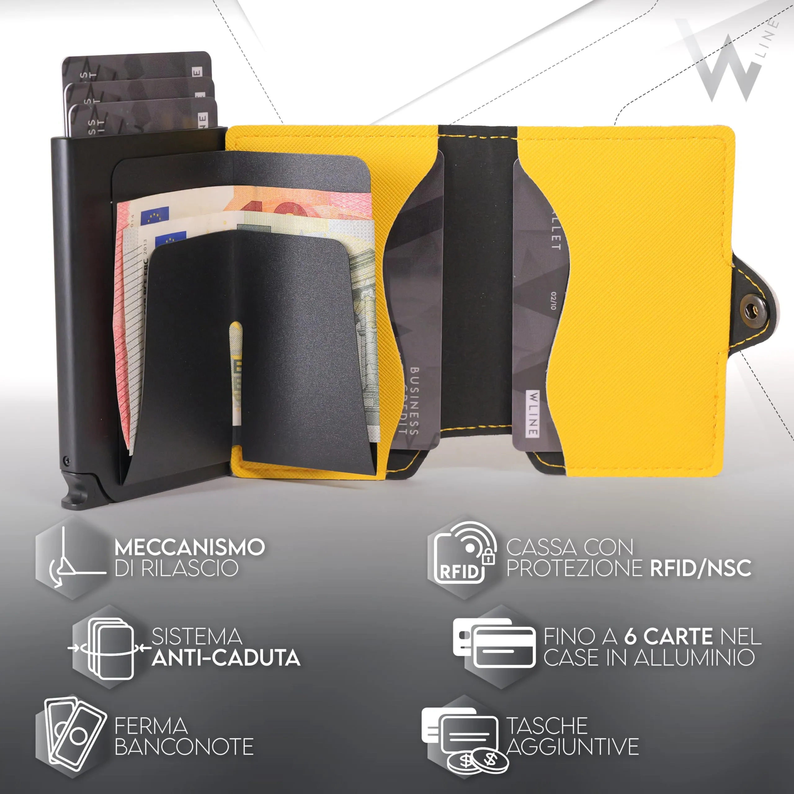 WLine Portafoglio Slim RFID con Zip, Pelle PU, Giallo e Nero Saffiano - immagine 3