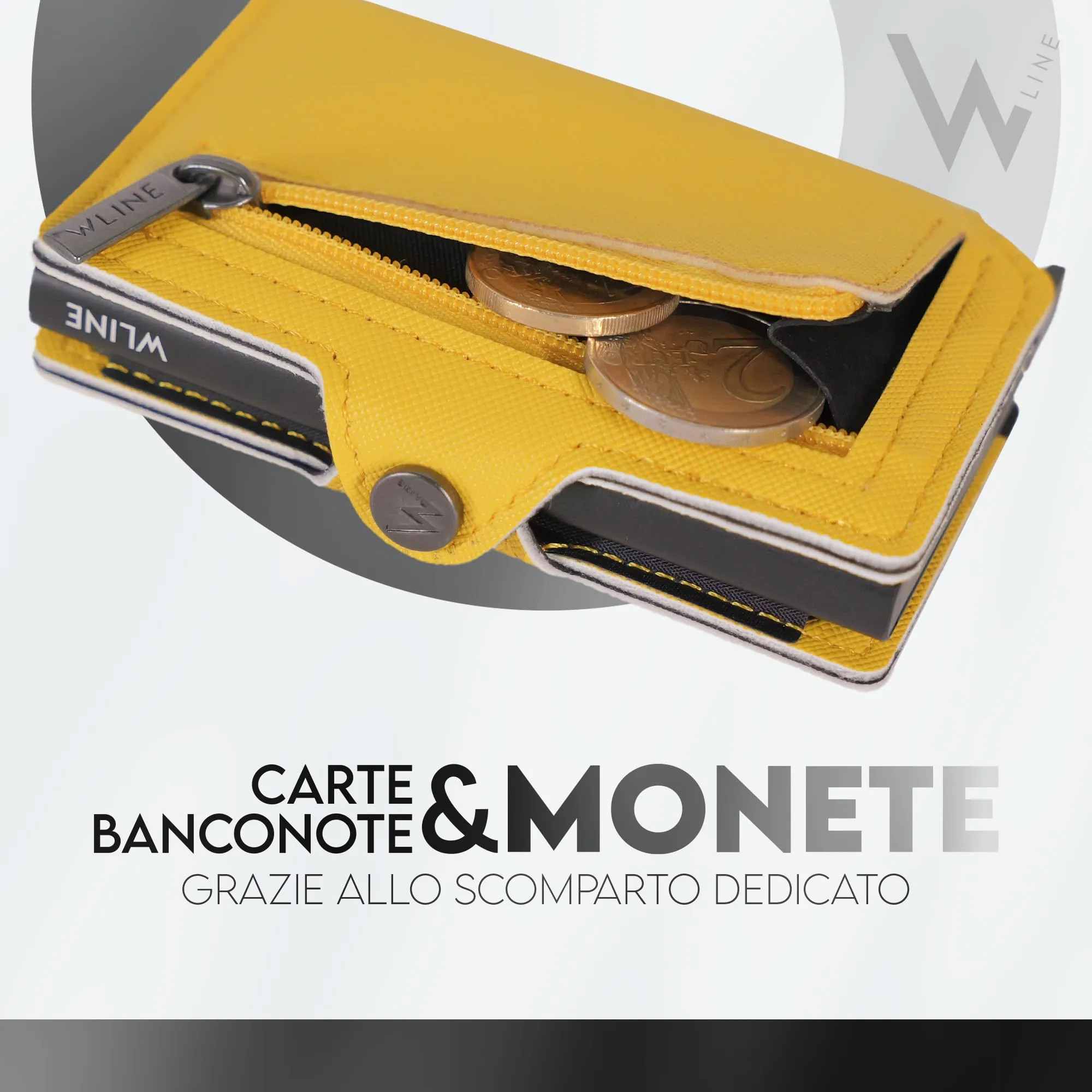 WLine Portafoglio Slim RFID con Zip, Pelle PU, Giallo e Nero Saffiano - immagine 4