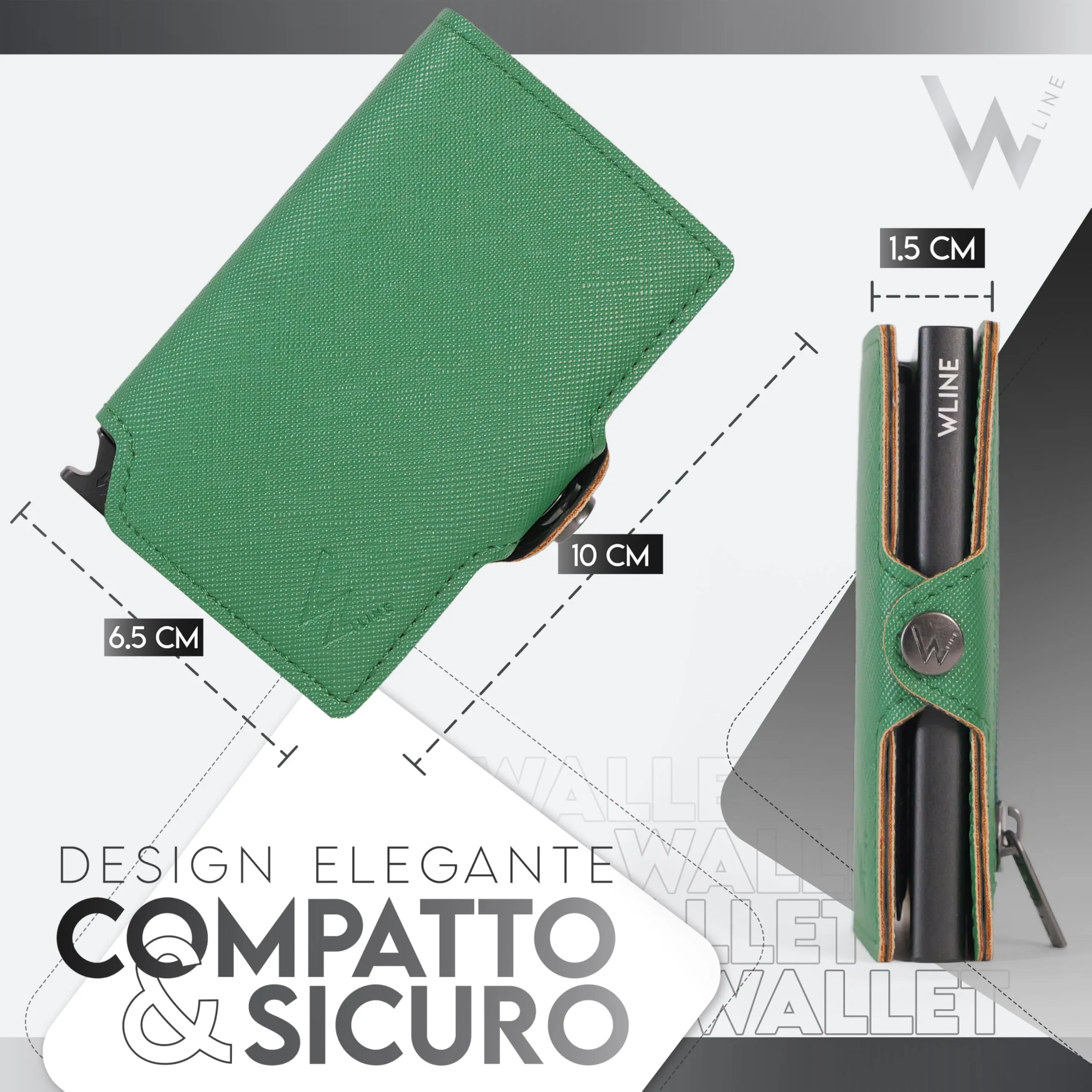 WLine Portafoglio Slim RFID in Pelle PU con Zip - Verde e Nero Saffiano - immagine 2