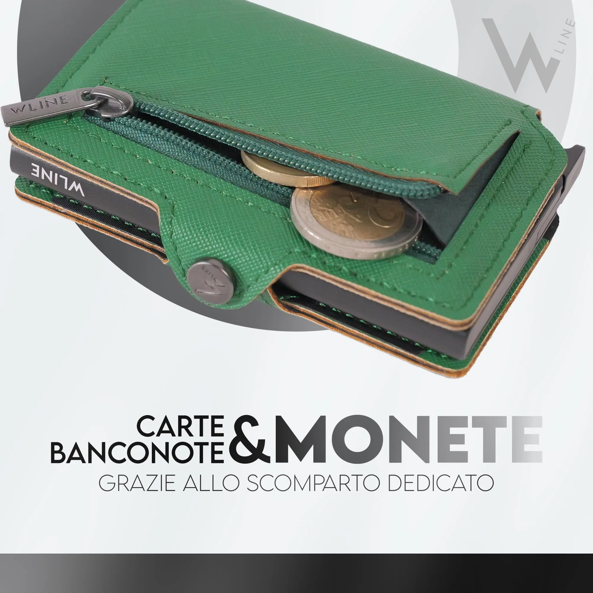 WLine Portafoglio Slim RFID in Pelle PU con Zip - Verde e Nero Saffiano - immagine 3