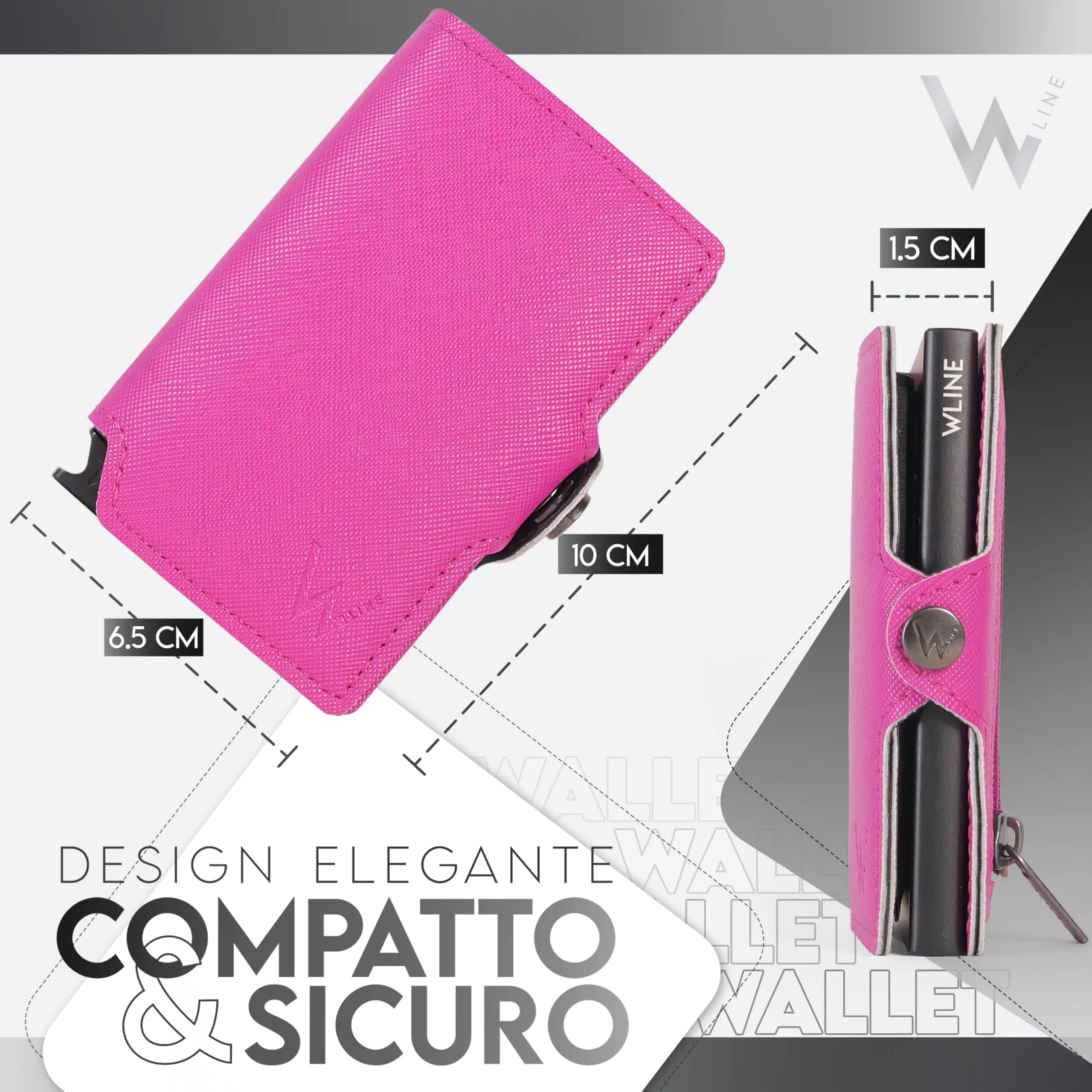 WLine Portafoglio Donna Piccolo RFID in Pelle PU con Zip - Fucsia e Nero Saffiano - immagine 2