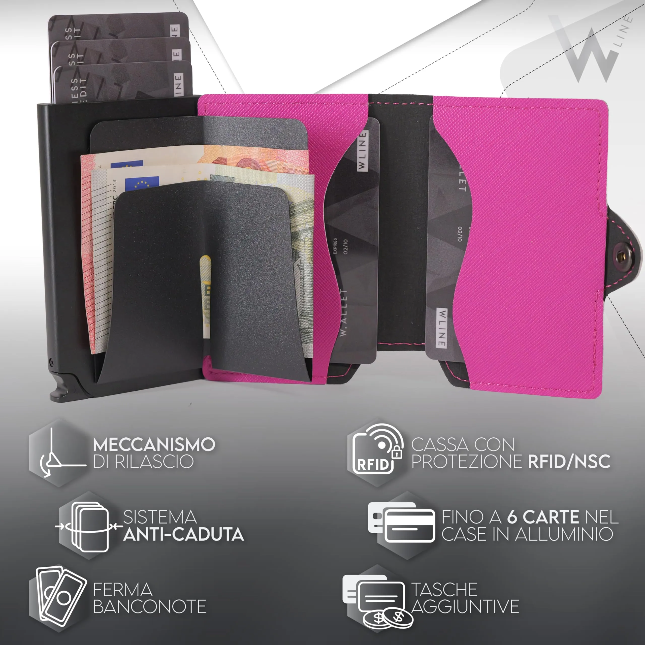WLine Portafoglio Donna Piccolo RFID in Pelle PU con Zip - Fucsia e Nero Saffiano - immagine 3