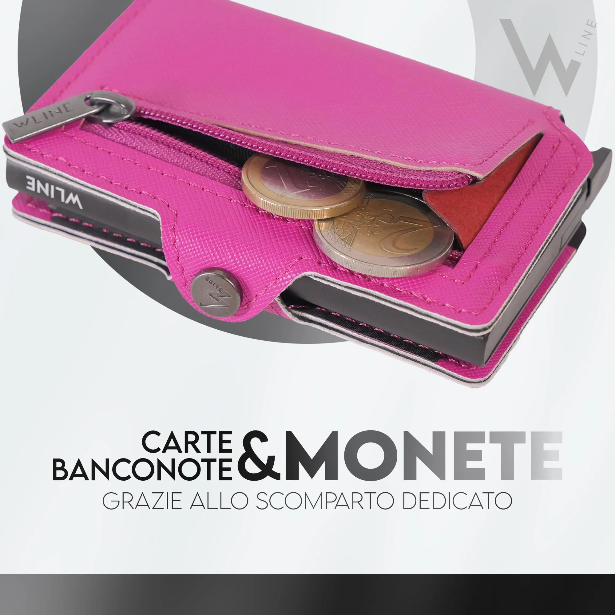 WLine Portafoglio Donna Piccolo RFID in Pelle PU con Zip - Fucsia e Nero Saffiano - immagine 4