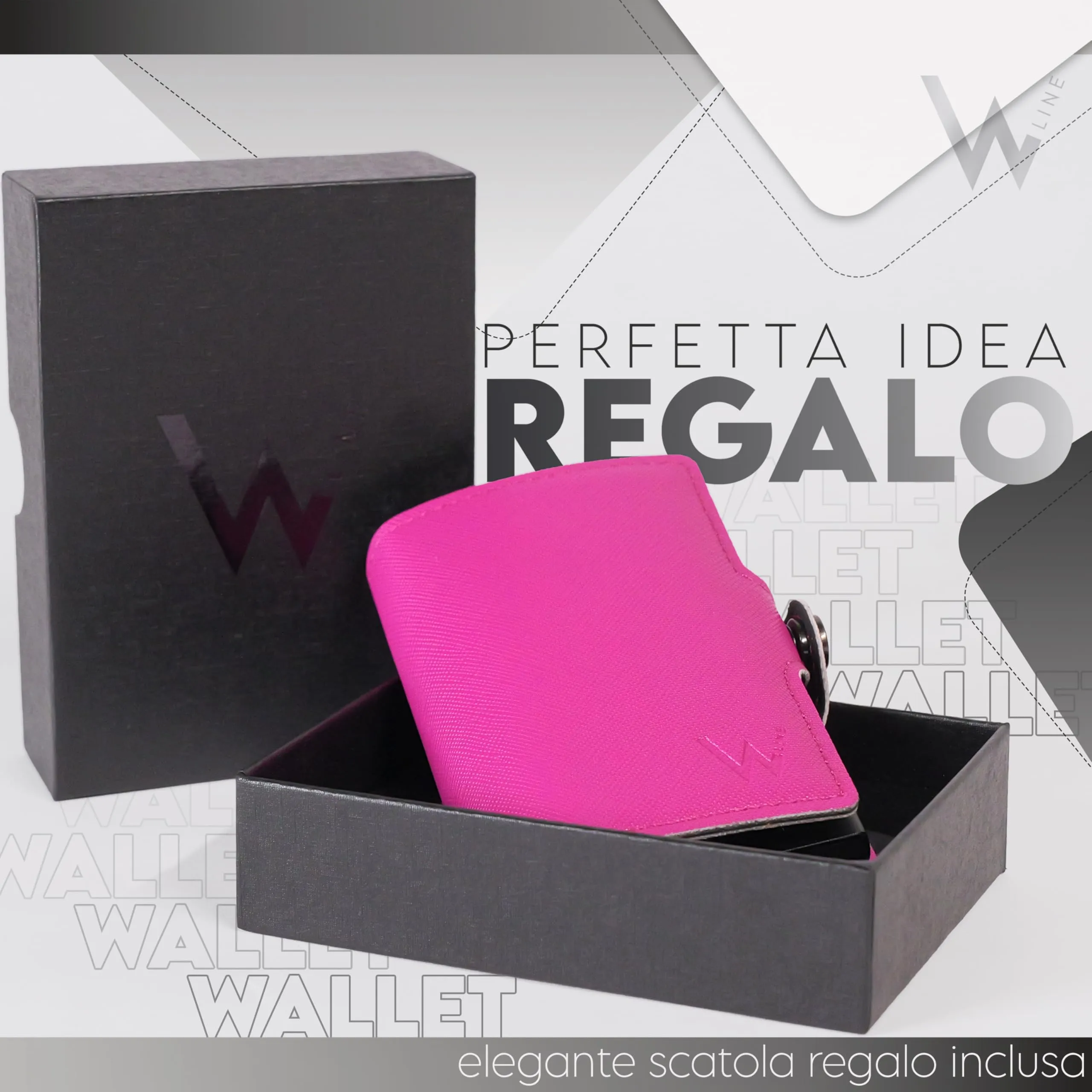 WLine Portafoglio Donna Piccolo RFID in Pelle PU con Zip - Fucsia e Nero Saffiano - immagine 5