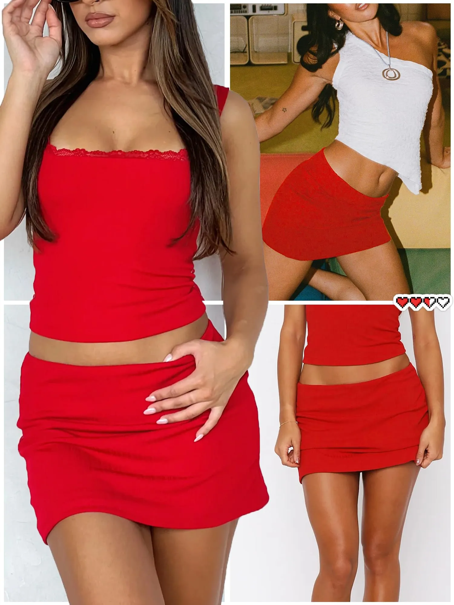 Danysu Gonna Mini Elasticizzata a Vita Bassa con Pantaloncini e Spacco Laterale, Rosso Peperoncino, M - immagine 6