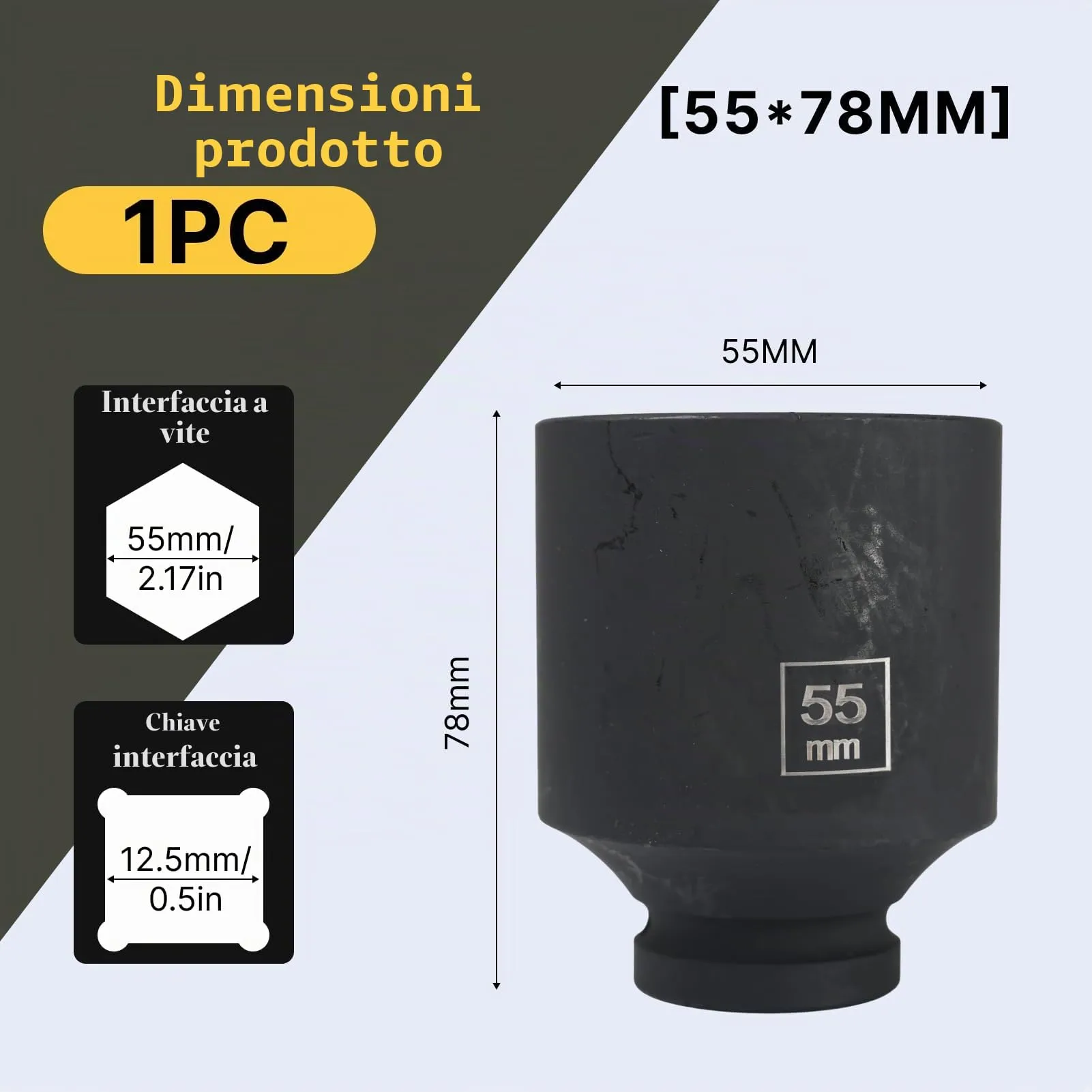 Flewdart Bussola Lunga Esagonale 1/2" 55mm, Acciaio al Cromo Molibdeno (CR-MO) - immagine 2