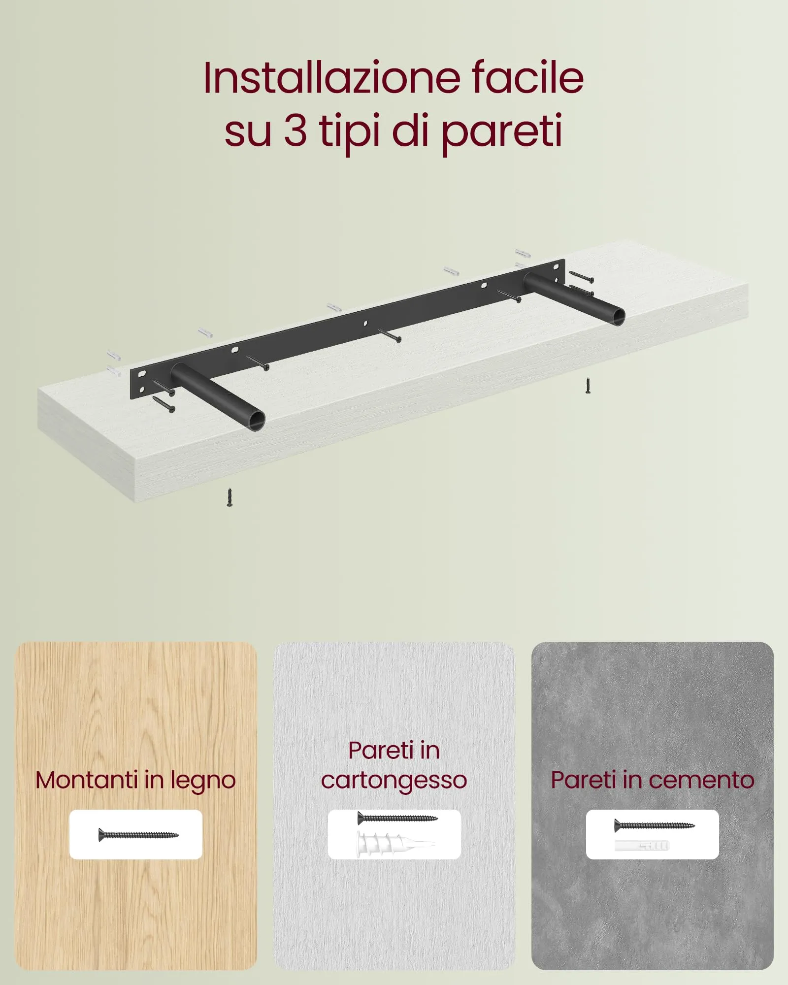 VASAGLE Mensola da Muro, Staffa a Scomparsa, 80 x 20 x 3,8 cm, Bianco - immagine 6