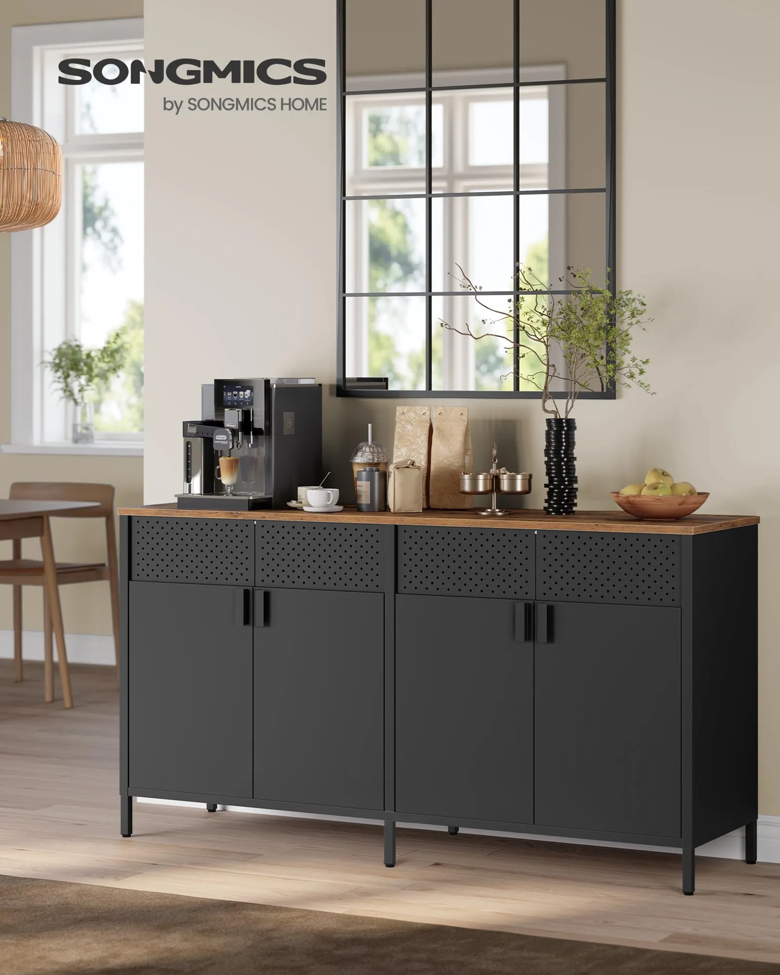 SONGMICS Mobiletto Contenitore Credenza in Metallo, 4 Ante, Nero Inchiostro e Marrone Vintage LSC205BD01 - immagine 2