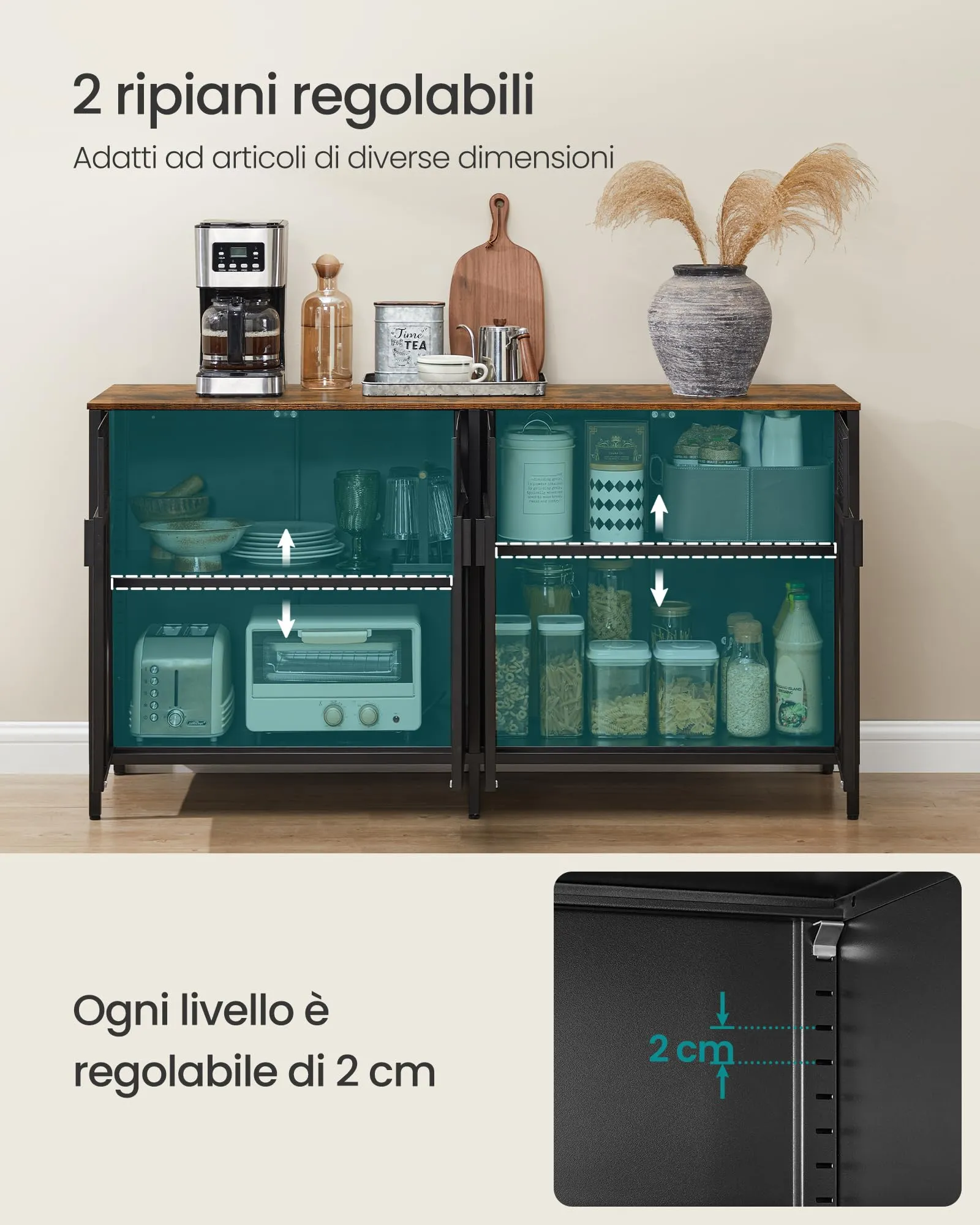 SONGMICS Mobiletto Contenitore Credenza in Metallo, 4 Ante, Nero Inchiostro e Marrone Vintage LSC205BD01 - immagine 4