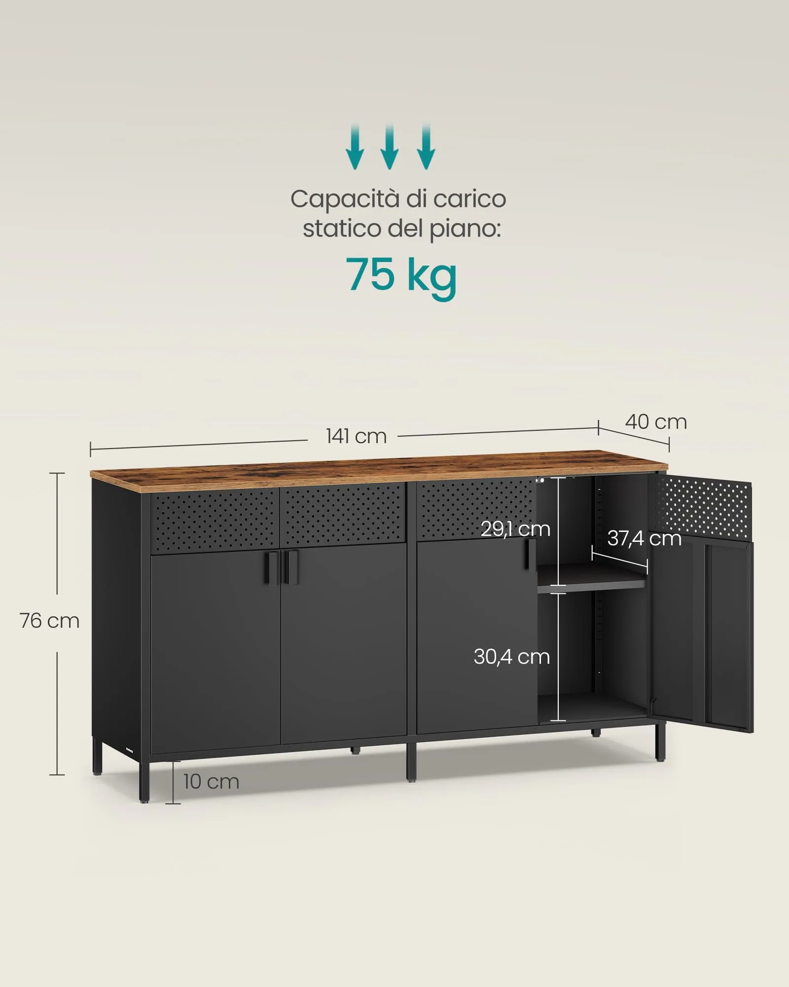 SONGMICS Mobiletto Contenitore Credenza in Metallo, 4 Ante, Nero Inchiostro e Marrone Vintage LSC205BD01 - immagine 5