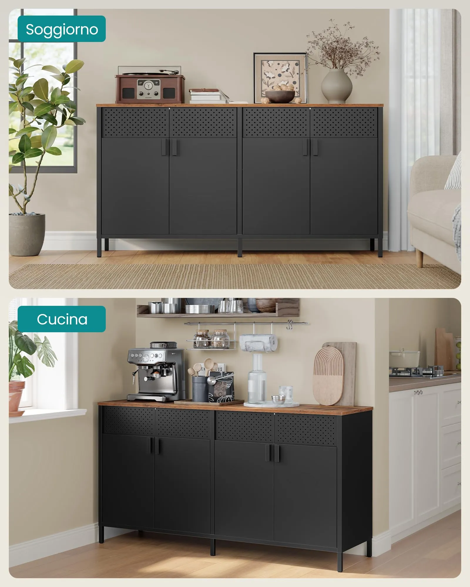 SONGMICS Mobiletto Contenitore Credenza in Metallo, 4 Ante, Nero Inchiostro e Marrone Vintage LSC205BD01 - immagine 6