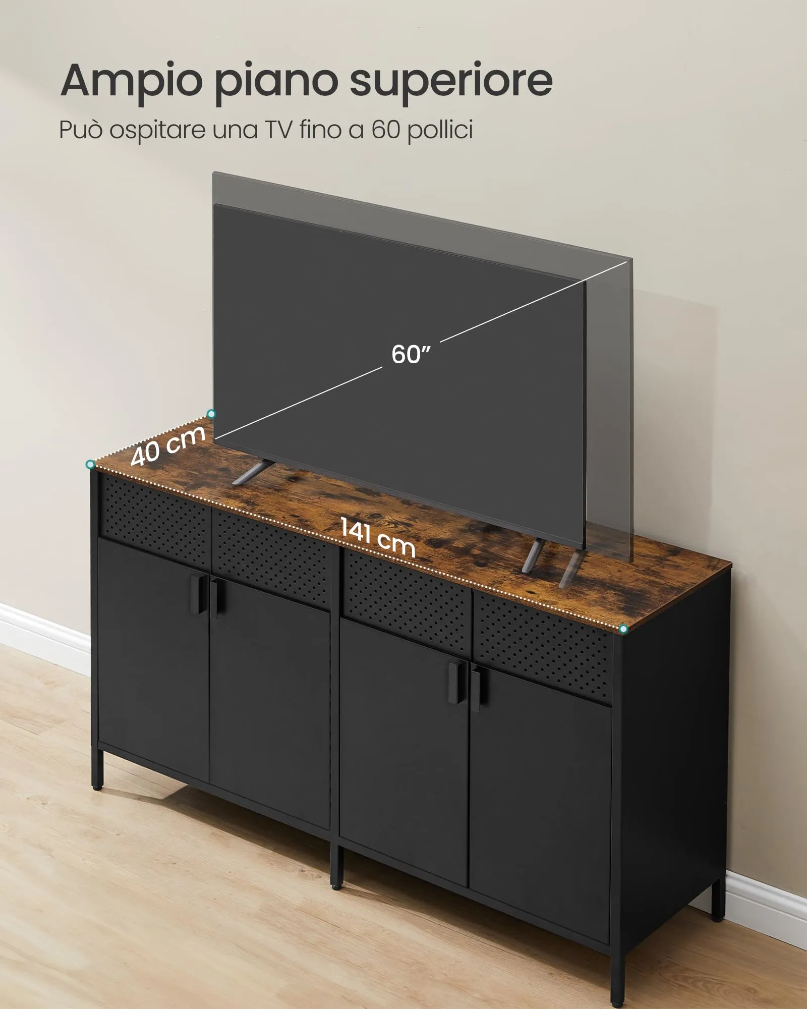 SONGMICS Mobiletto Contenitore Credenza in Metallo, 4 Ante, Nero Inchiostro e Marrone Vintage LSC205BD01 - immagine 7