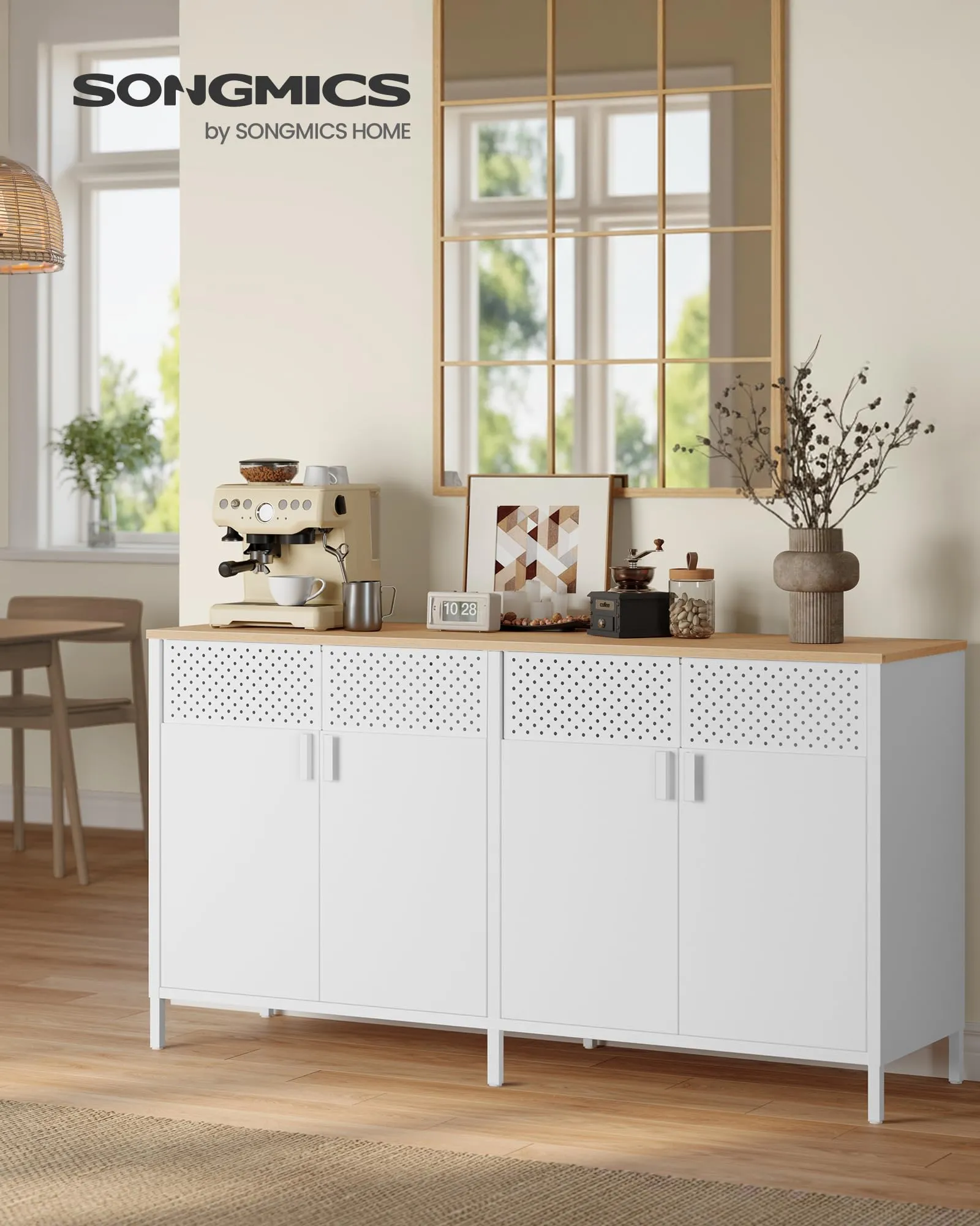 SONGMICS Mobiletto Contenitore Credenza in Metallo, 4 Ante, 40 x 141 x 76 cm, Bianco Nuvola e Beige Rovere LSC205WC01 - immagine 2