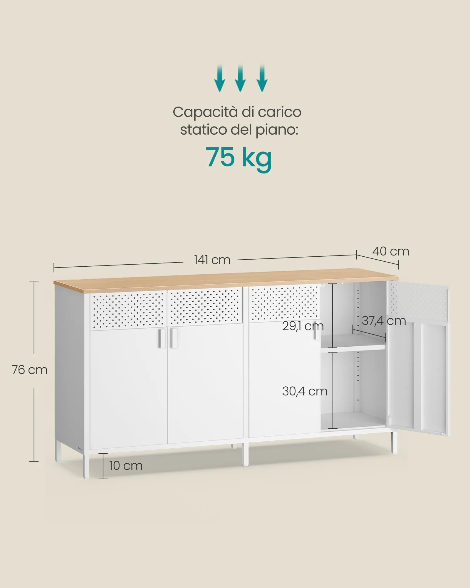 SONGMICS Mobiletto Contenitore Credenza in Metallo, 4 Ante, 40 x 141 x 76 cm, Bianco Nuvola e Beige Rovere LSC205WC01 - immagine 3