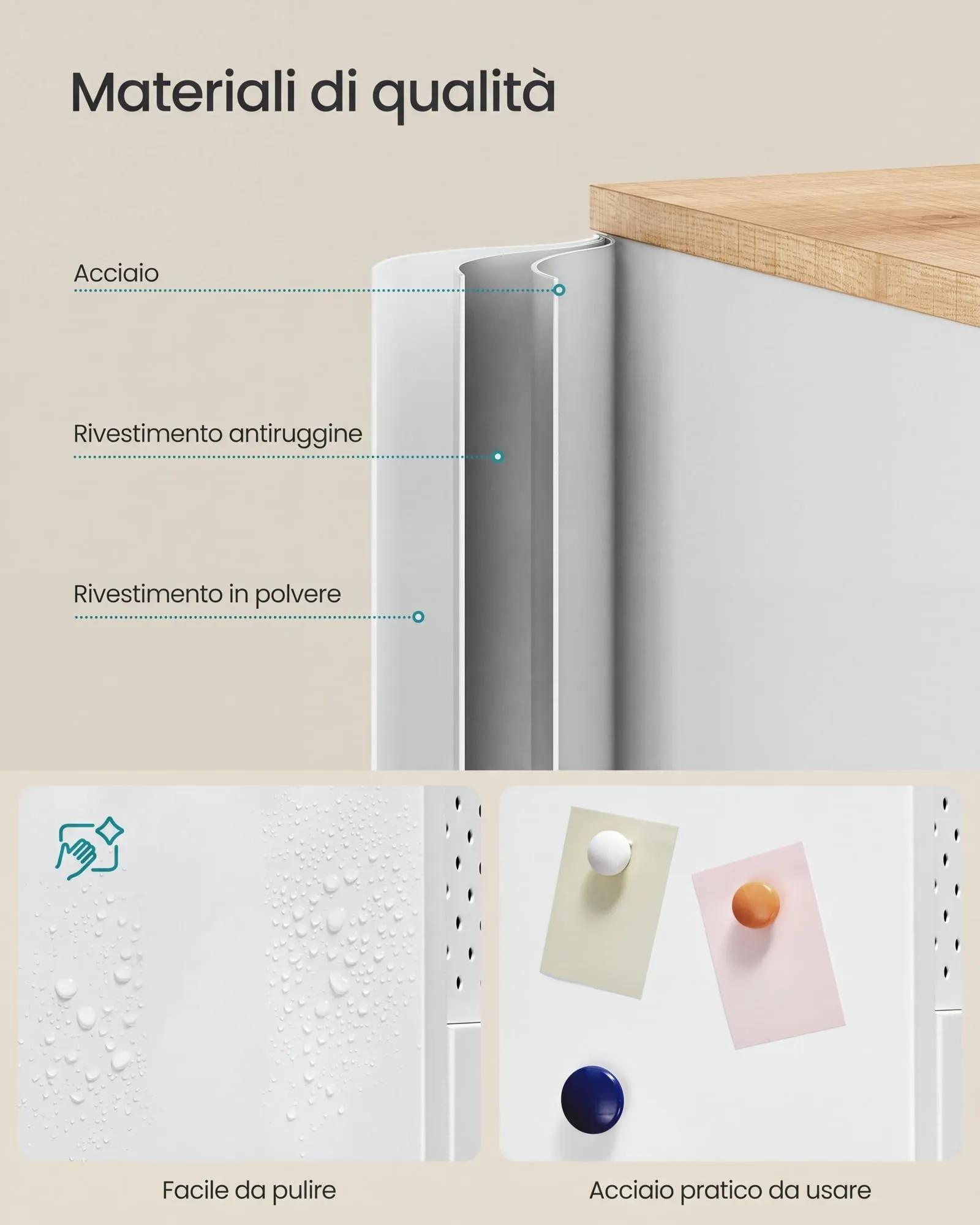 SONGMICS Mobiletto Contenitore Credenza in Metallo, 4 Ante, 40 x 141 x 76 cm, Bianco Nuvola e Beige Rovere LSC205WC01 - immagine 4