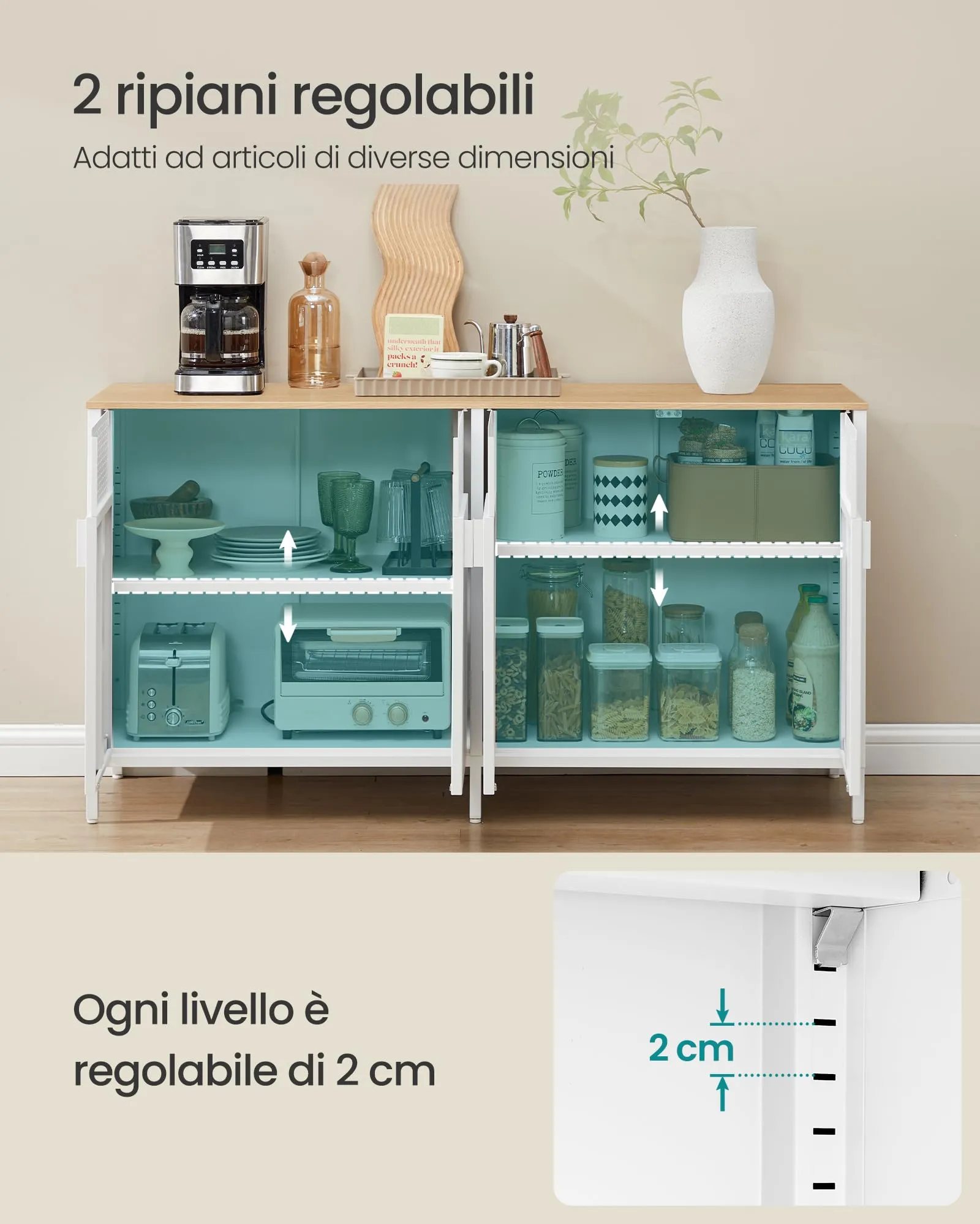 SONGMICS Mobiletto Contenitore Credenza in Metallo, 4 Ante, 40 x 141 x 76 cm, Bianco Nuvola e Beige Rovere LSC205WC01 - immagine 5