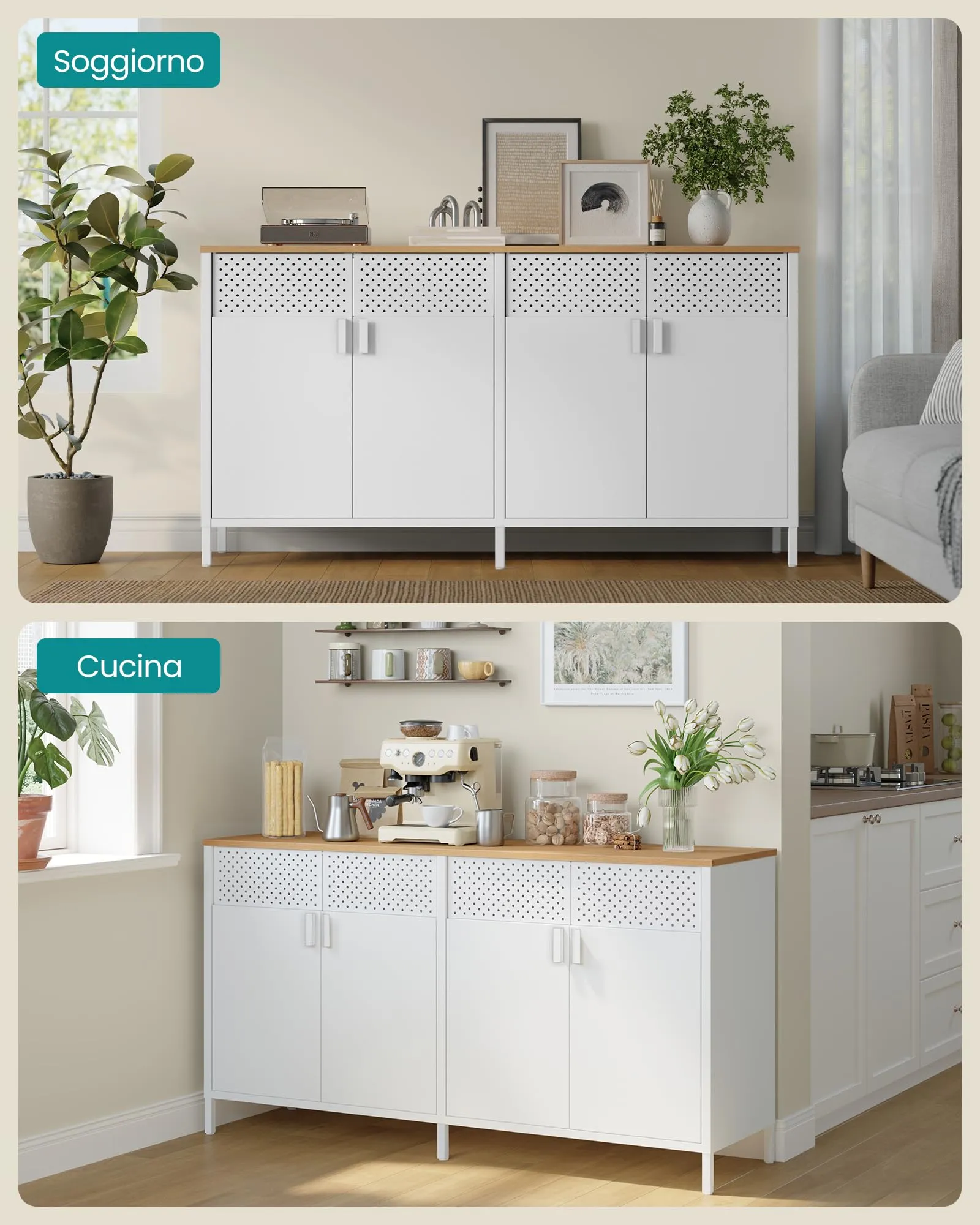 SONGMICS Mobiletto Contenitore Credenza in Metallo, 4 Ante, 40 x 141 x 76 cm, Bianco Nuvola e Beige Rovere LSC205WC01 - immagine 6